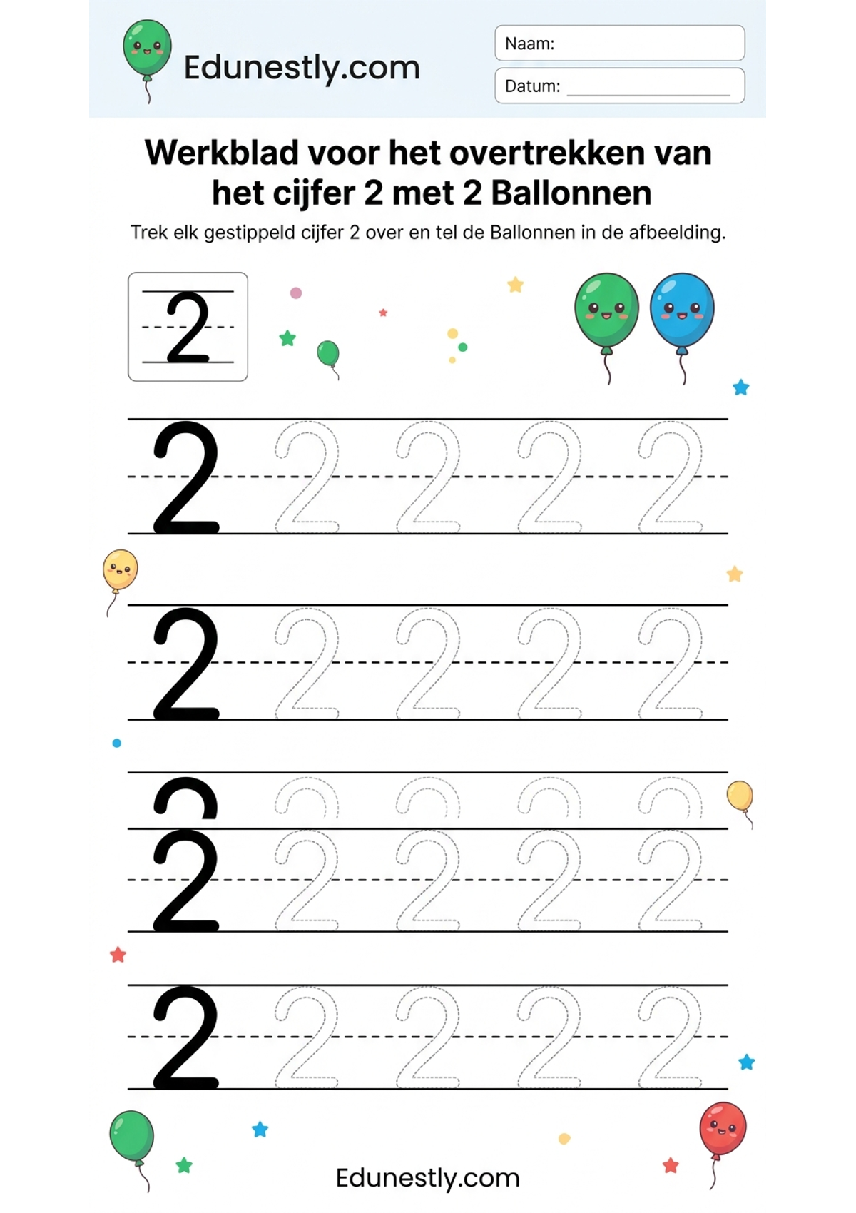 Werkblad voor het overtrekken van het cijfer 2 met 2 Ballonnen