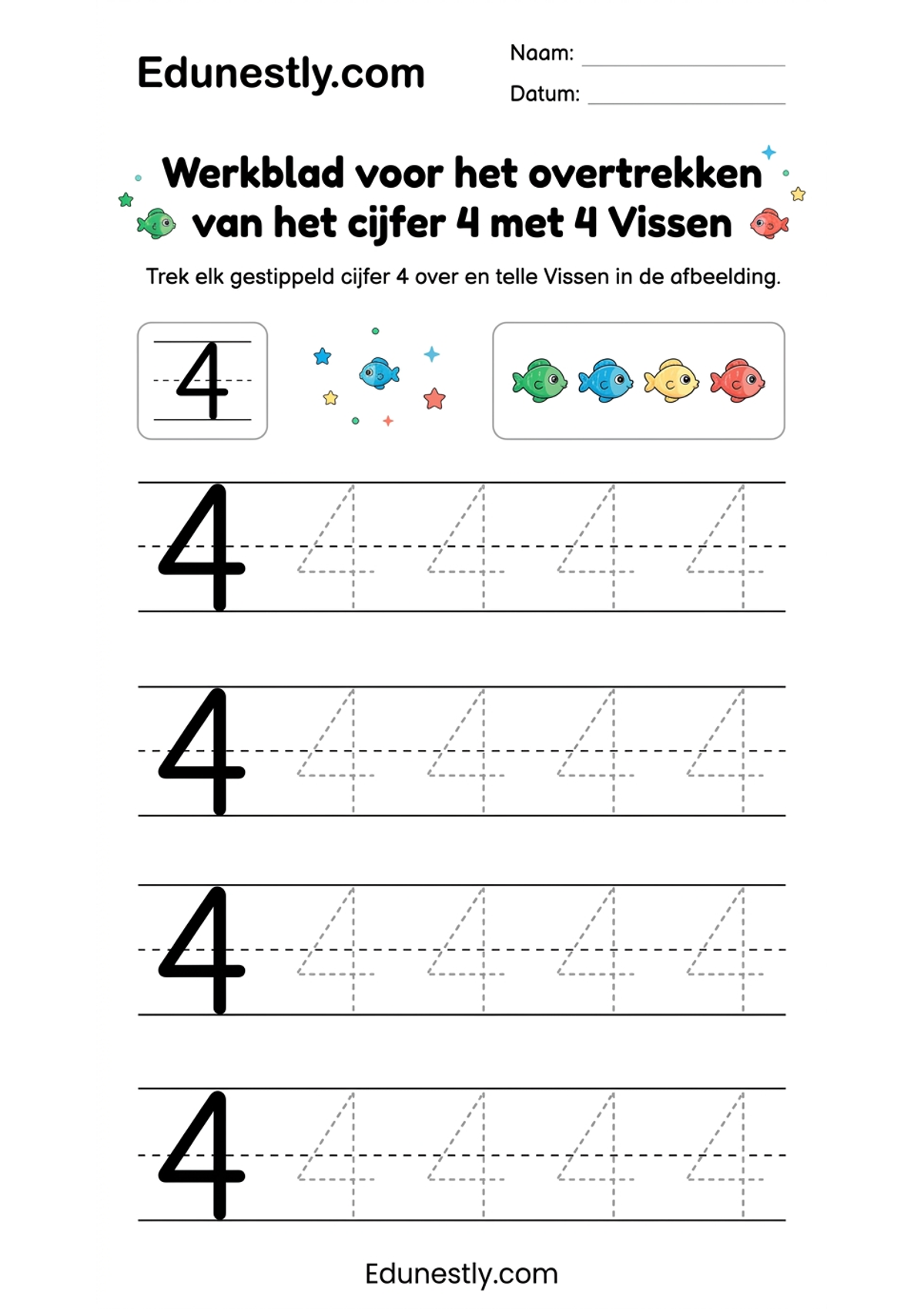 Werkblad voor het overtrekken van het cijfer 4 met 4 Vissen