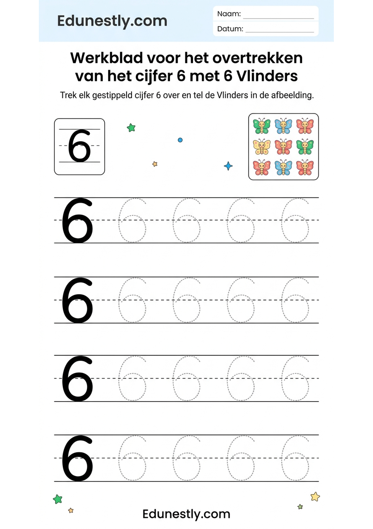 Werkblad voor het overtrekken van het cijfer 6 met 6 Vlinders