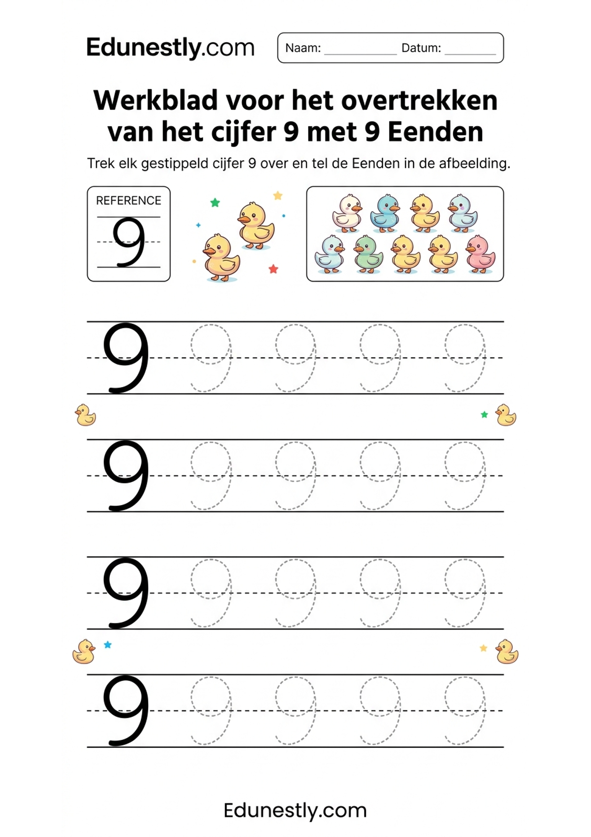 Werkblad voor het overtrekken van het cijfer 9 met 9 Eenden