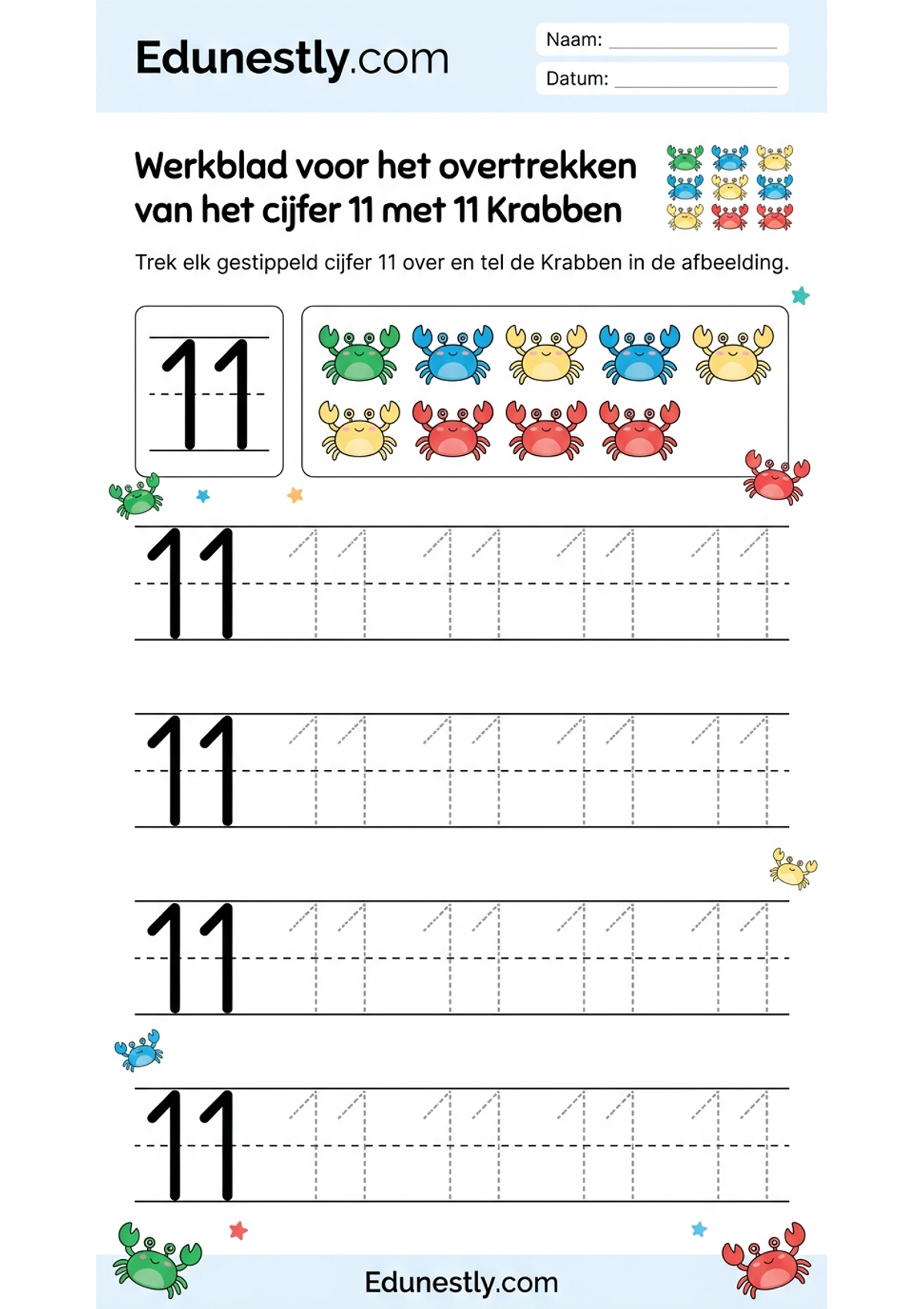 Werkblad voor het overtrekken van het cijfer 11 met 11 Krabben