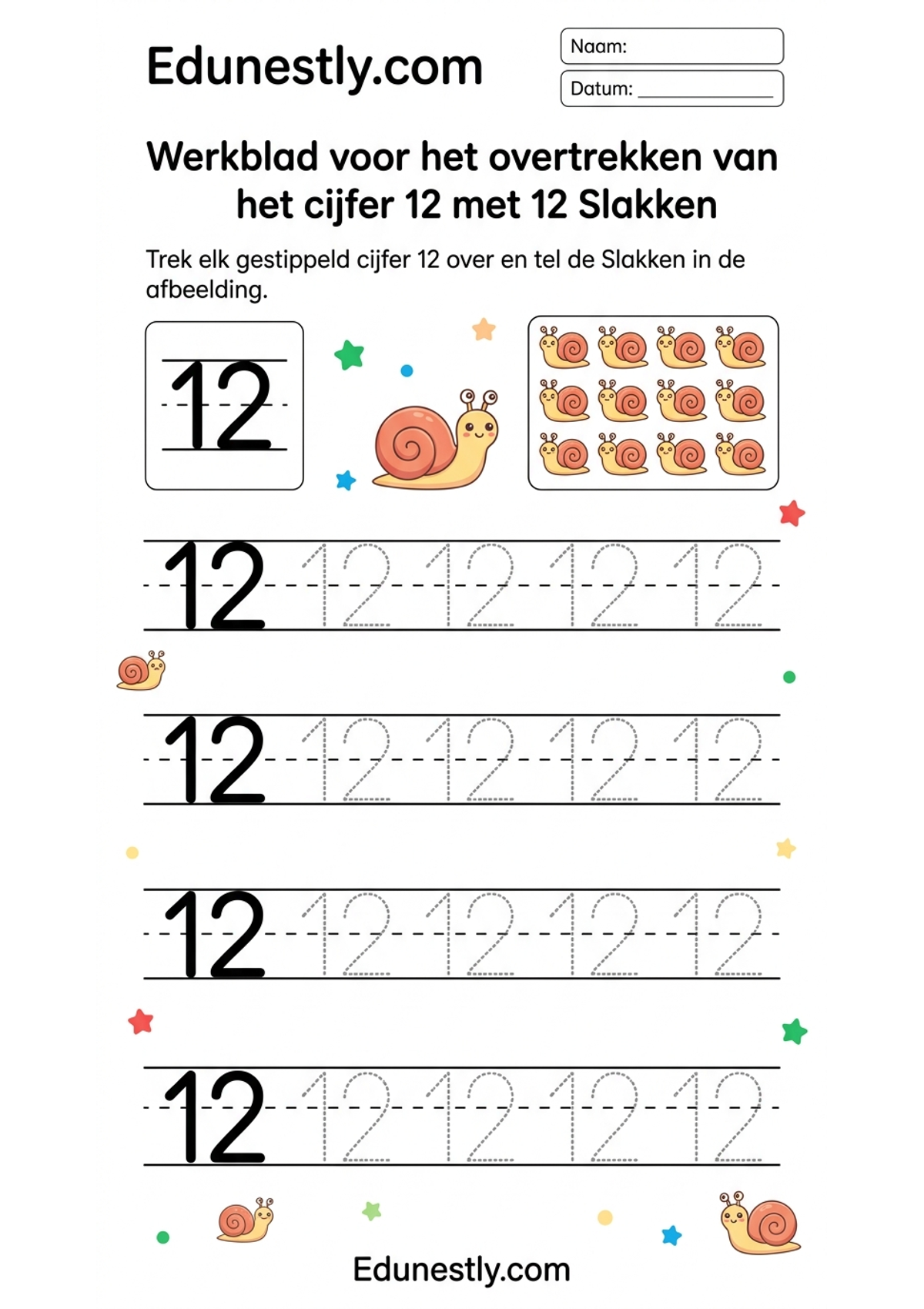 Werkblad voor het overtrekken van het cijfer 12 met 12 Slakken
