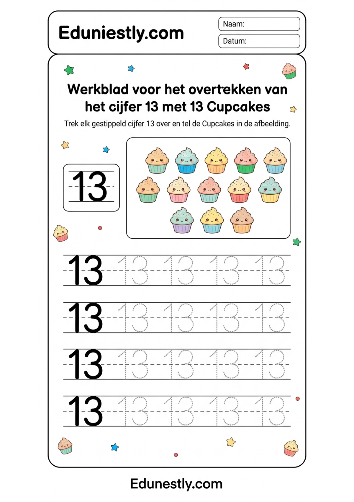 Werkblad voor het overtrekken van het cijfer 13 met 13 Cupcakes