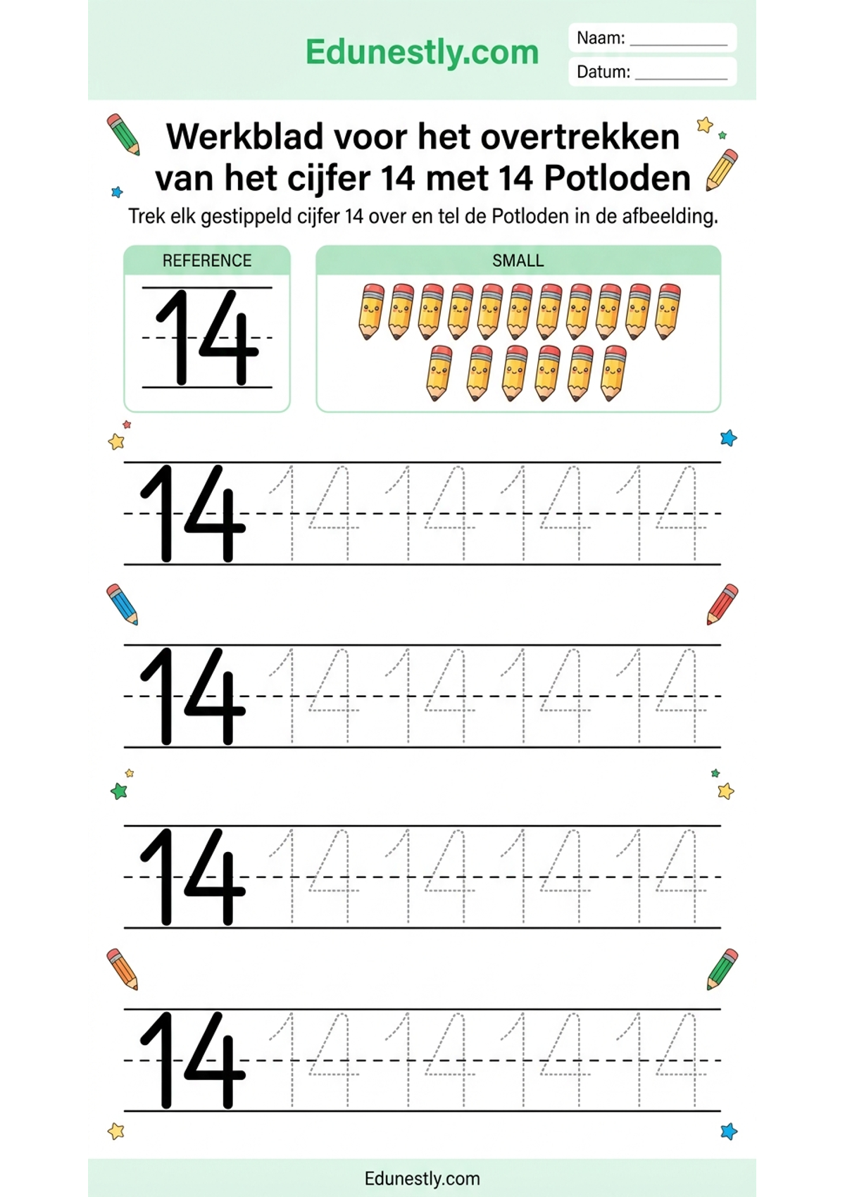 Werkblad voor het overtrekken van het cijfer 14 met 14 Potloden