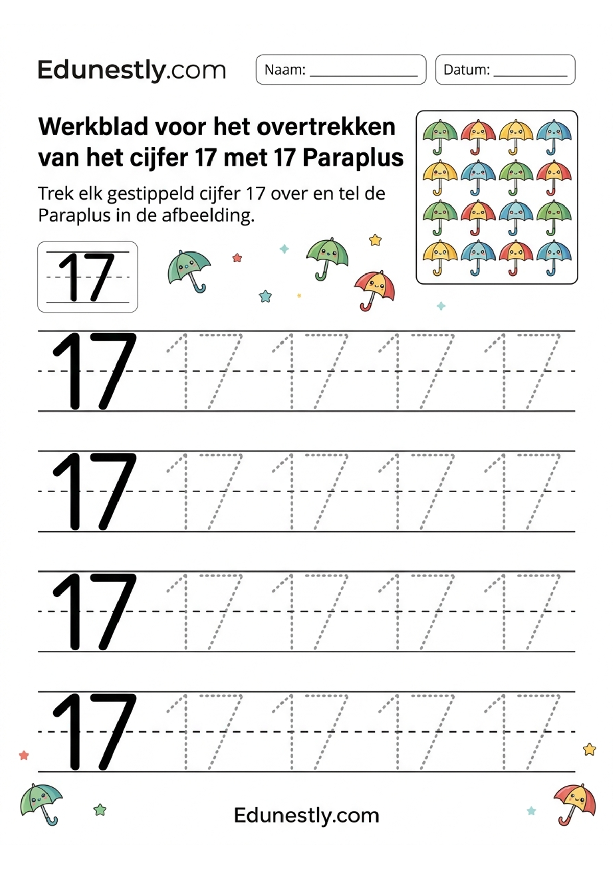 Werkblad voor het overtrekken van het cijfer 17 met 17 Paraplus