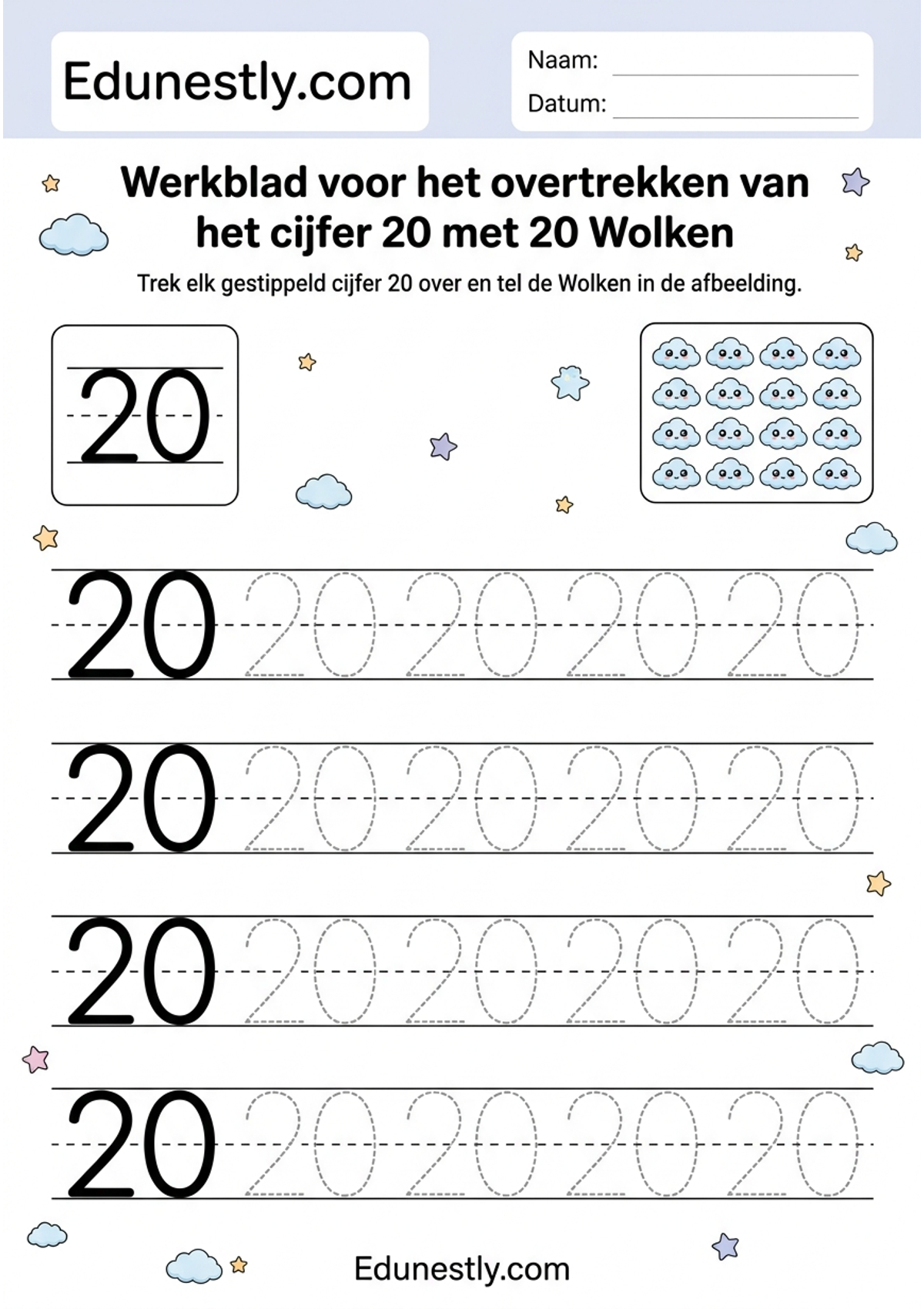 Werkblad voor het overtrekken van het cijfer 20 met 20 Wolken