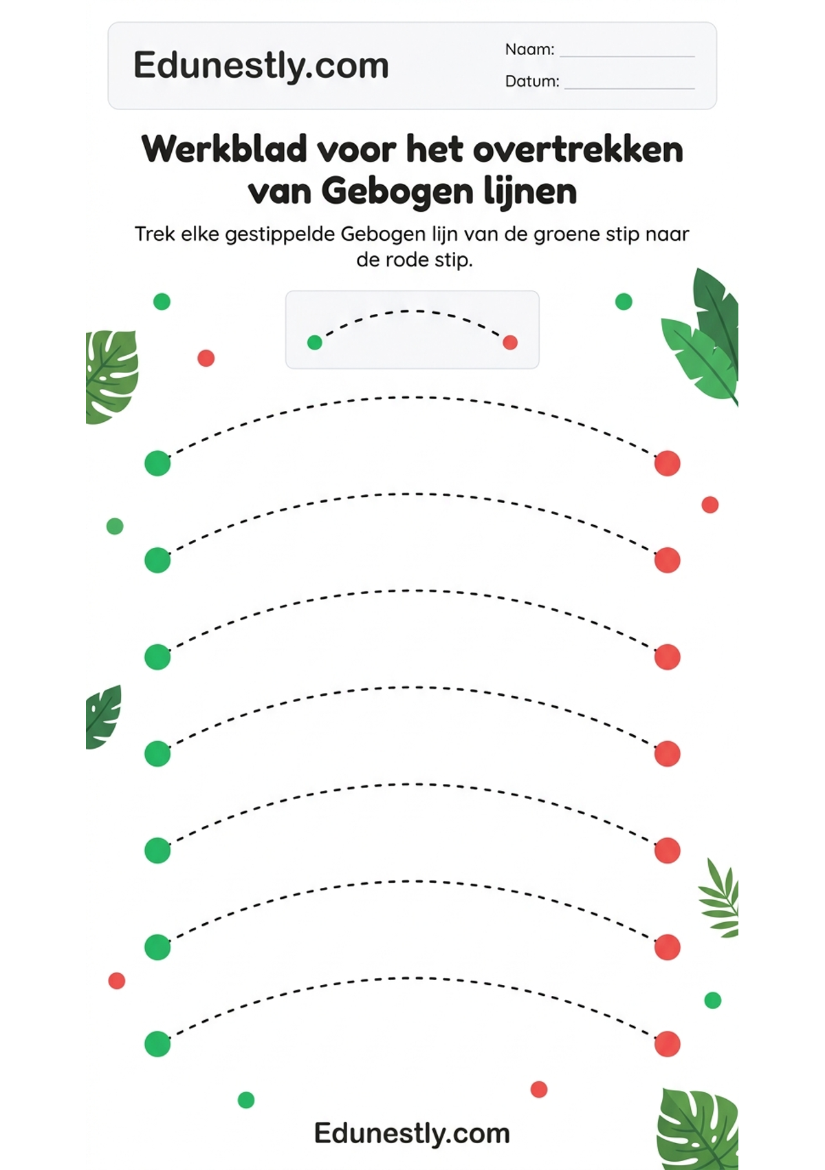 Werkblad voor het overtrekken van Gebogen lijnen