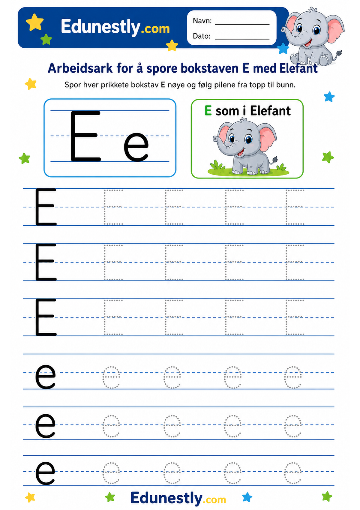 Arbeidsark for å spore bokstaven E med Elefant