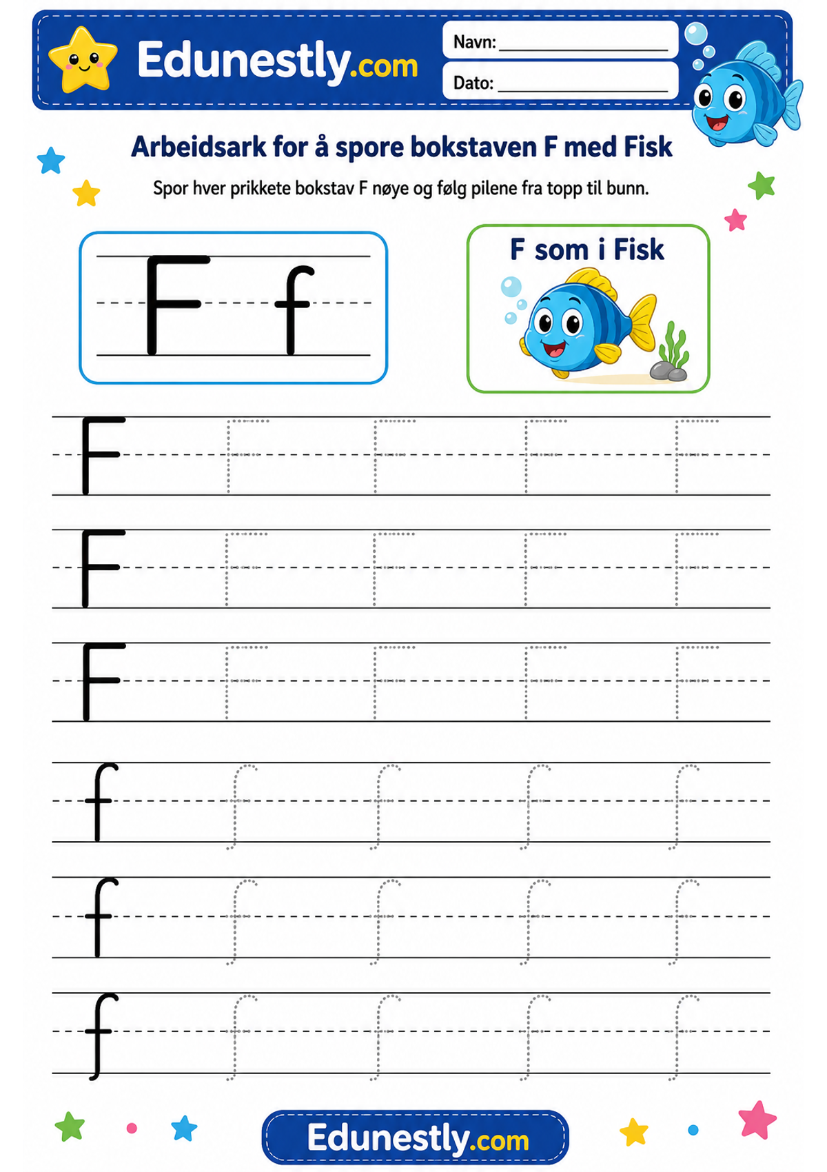 Arbeidsark for å spore bokstaven F med Fisk
