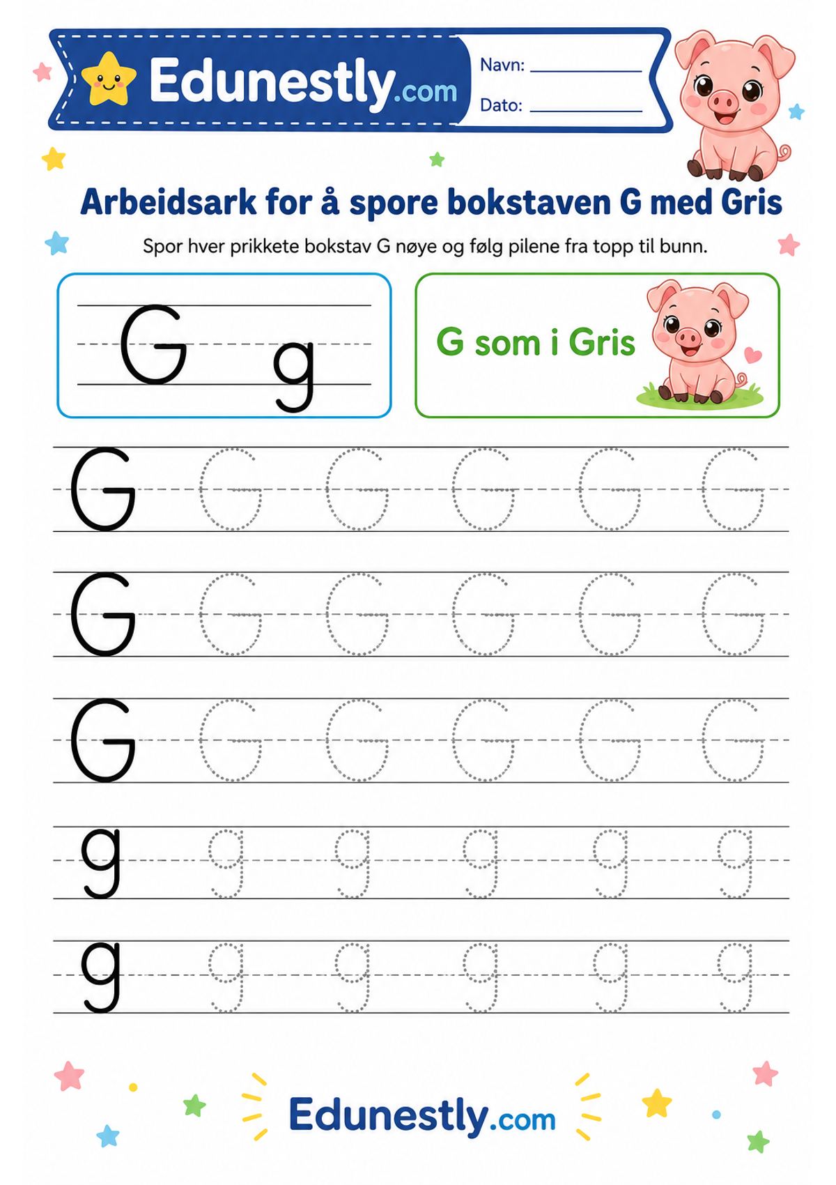 Arbeidsark for å spore bokstaven G med Gris