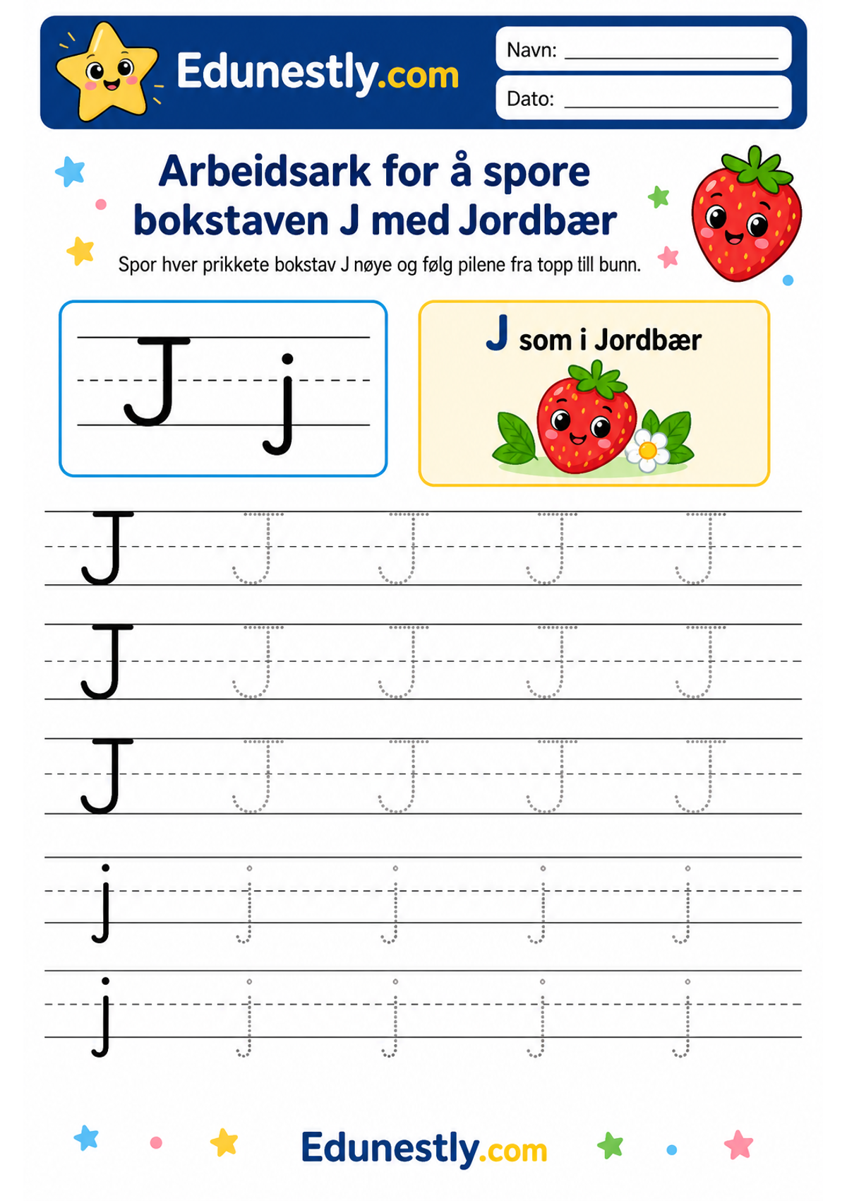 Arbeidsark for å spore bokstaven J med Jordbær