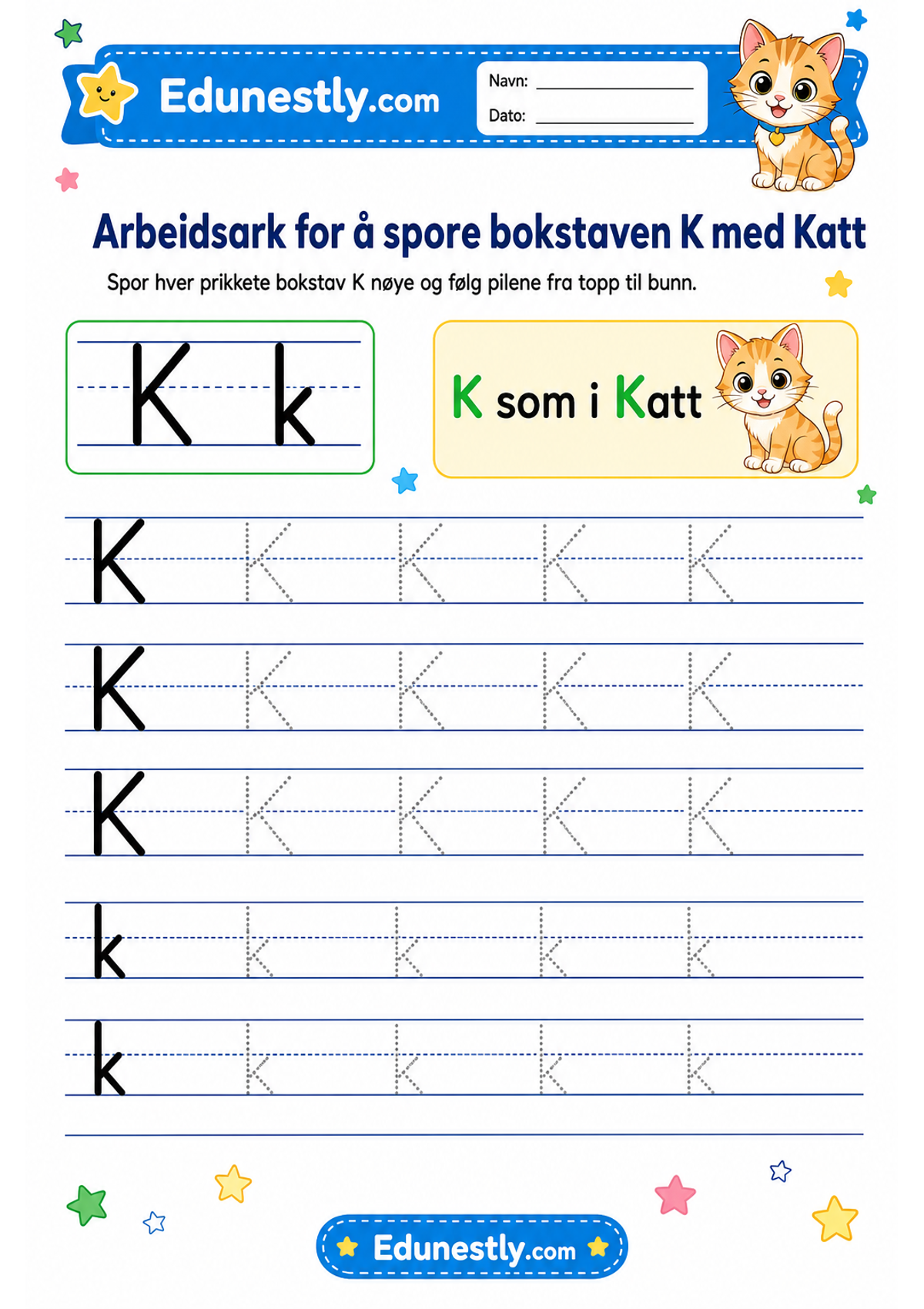 Arbeidsark for å spore bokstaven K med Katt