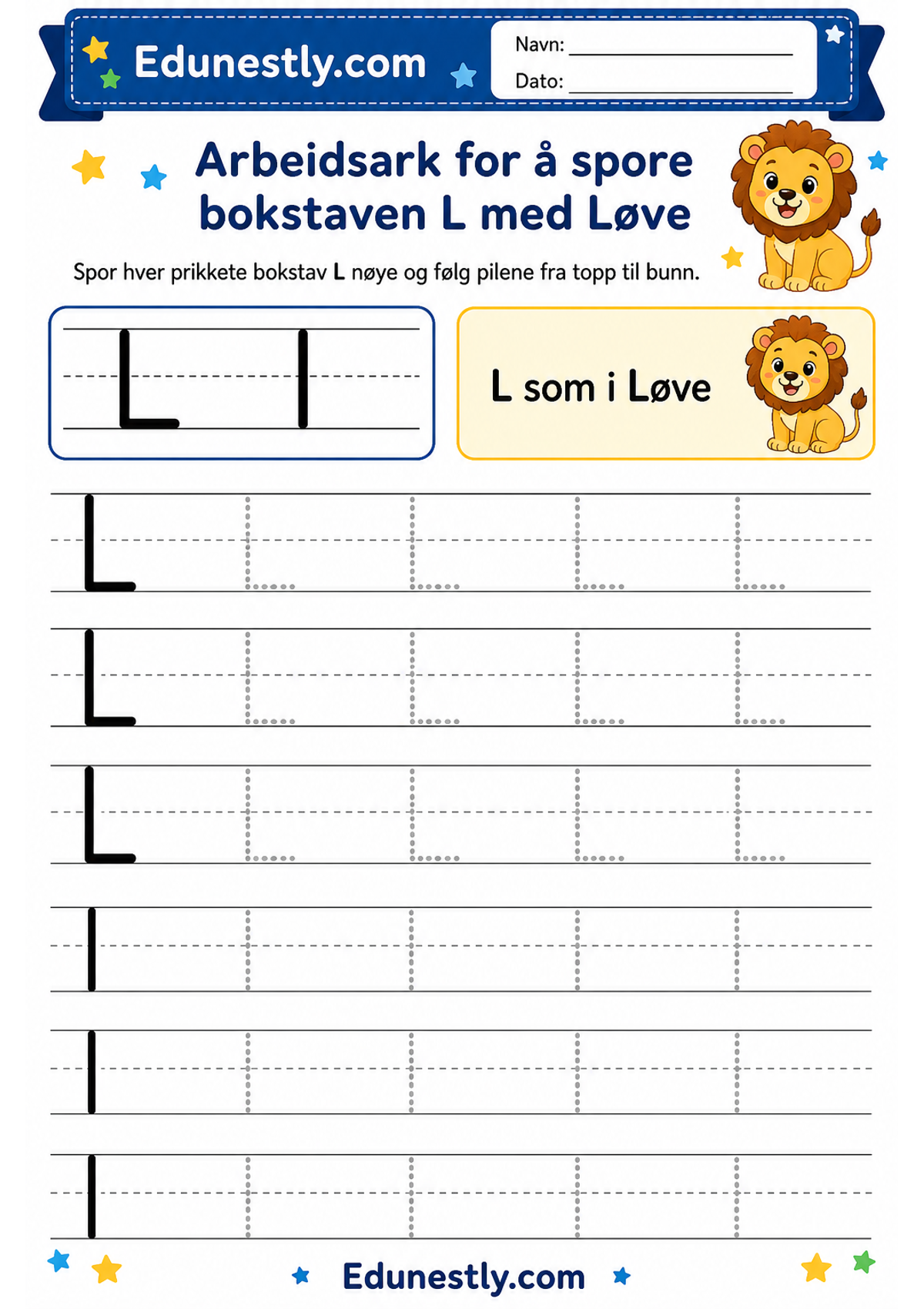 Arbeidsark for å spore bokstaven L med Løve