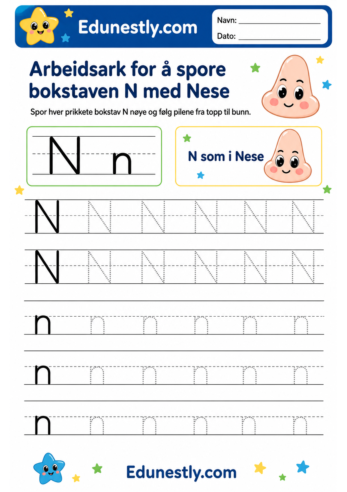Arbeidsark for å spore bokstaven N med Nese