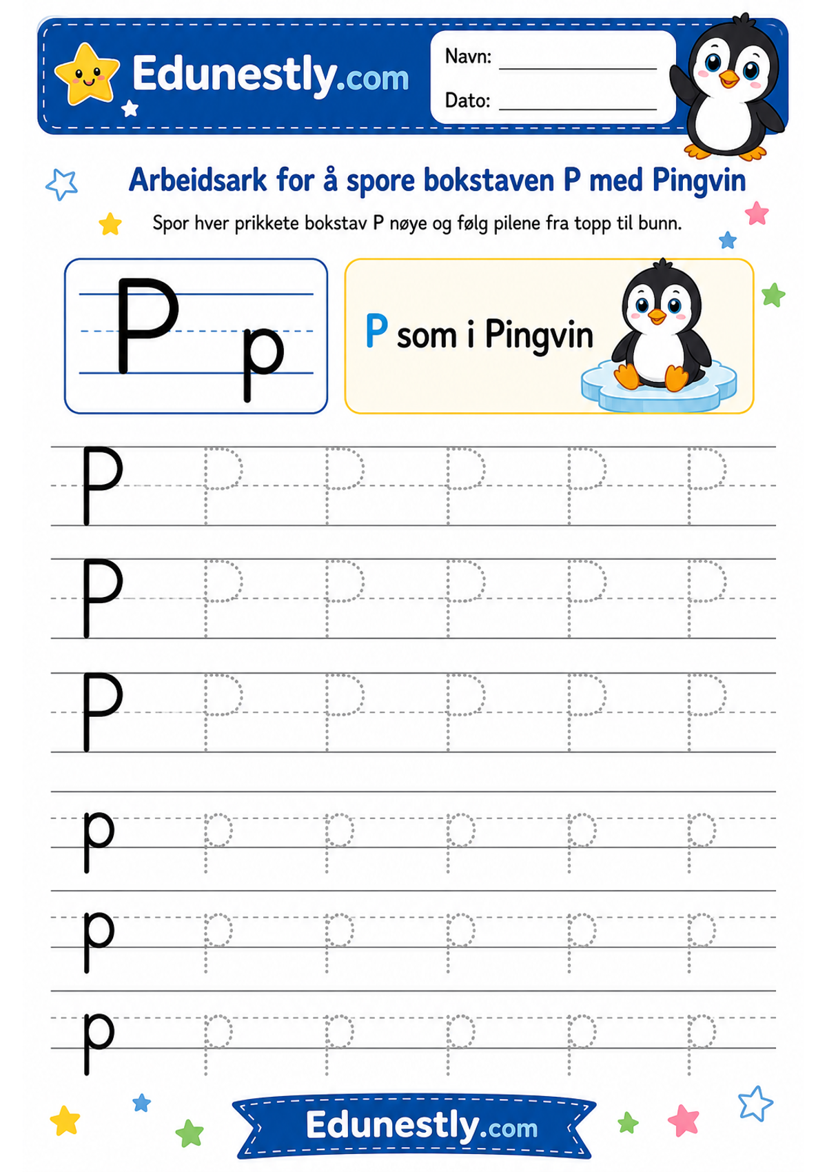 Arbeidsark for å spore bokstaven P med Pingvin