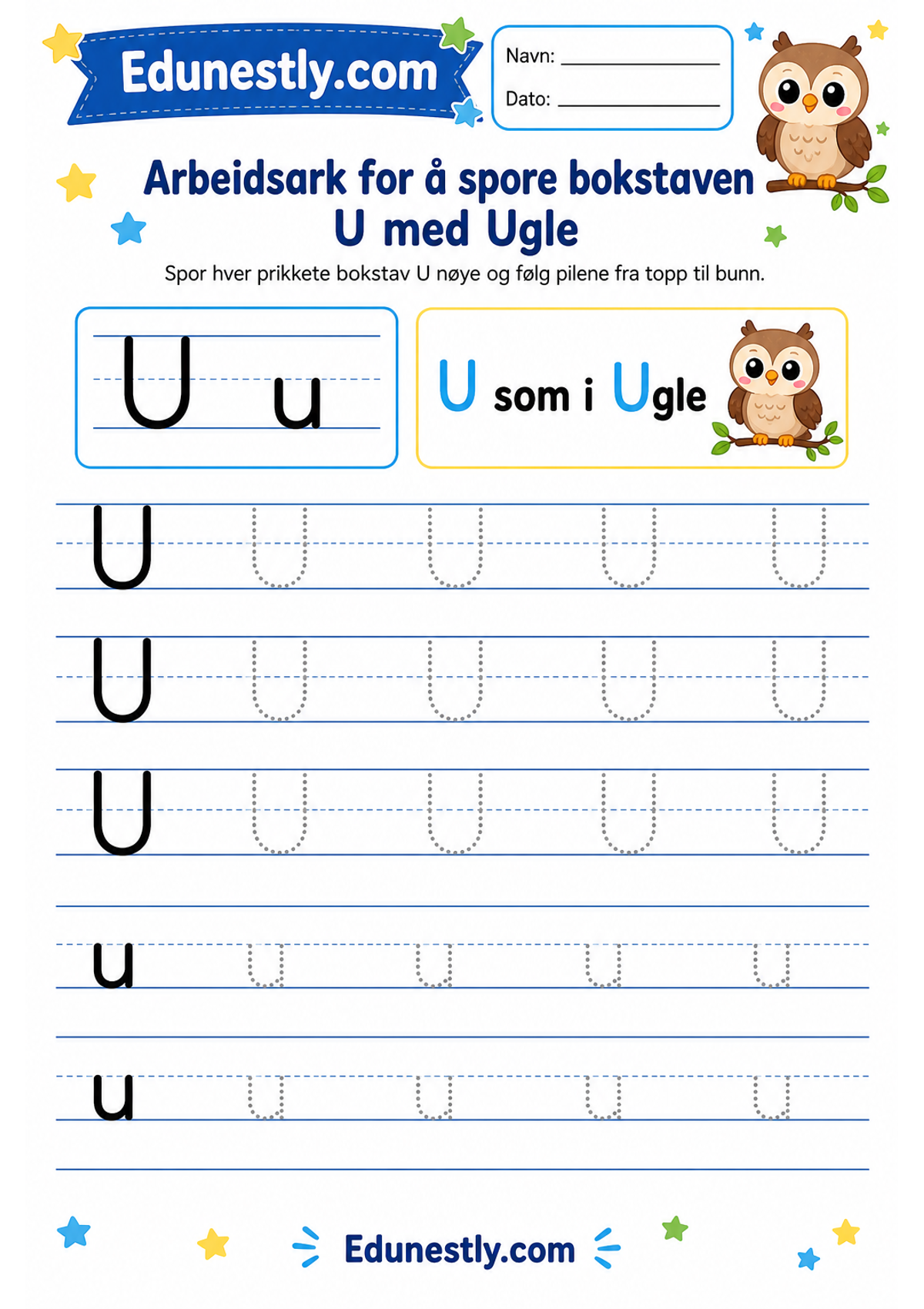 Arbeidsark for å spore bokstaven U med Ugle