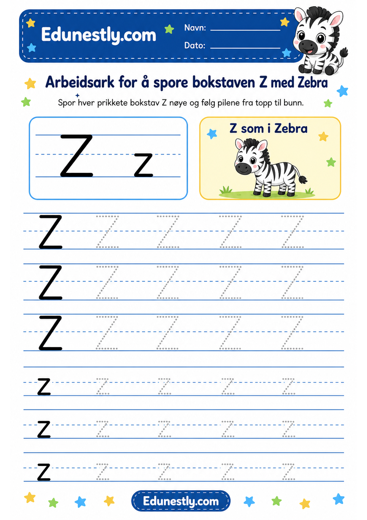 Arbeidsark for å spore bokstaven Z med Zebra