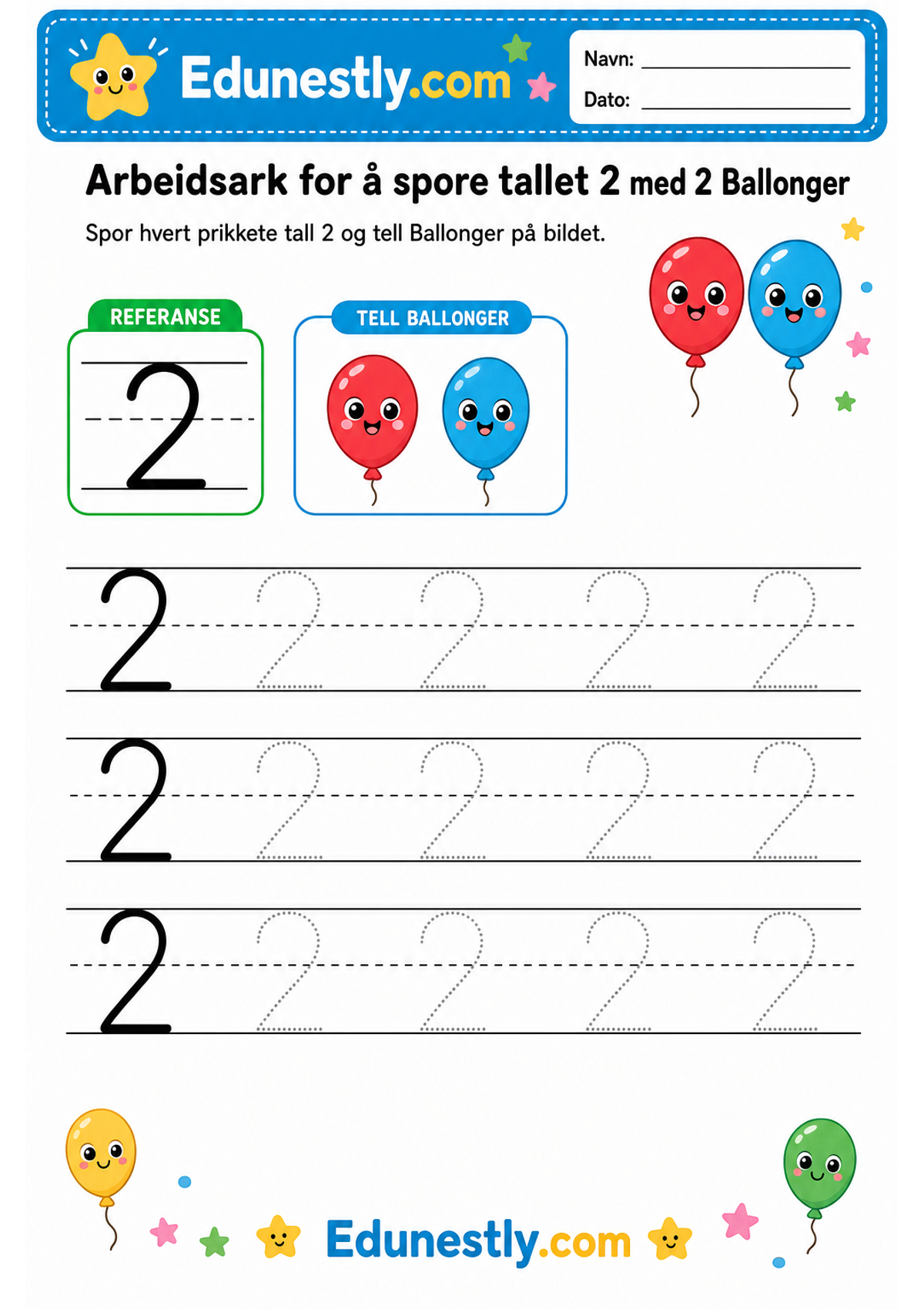 Arbeidsark for å spore tallet 2 med 2 Ballonger