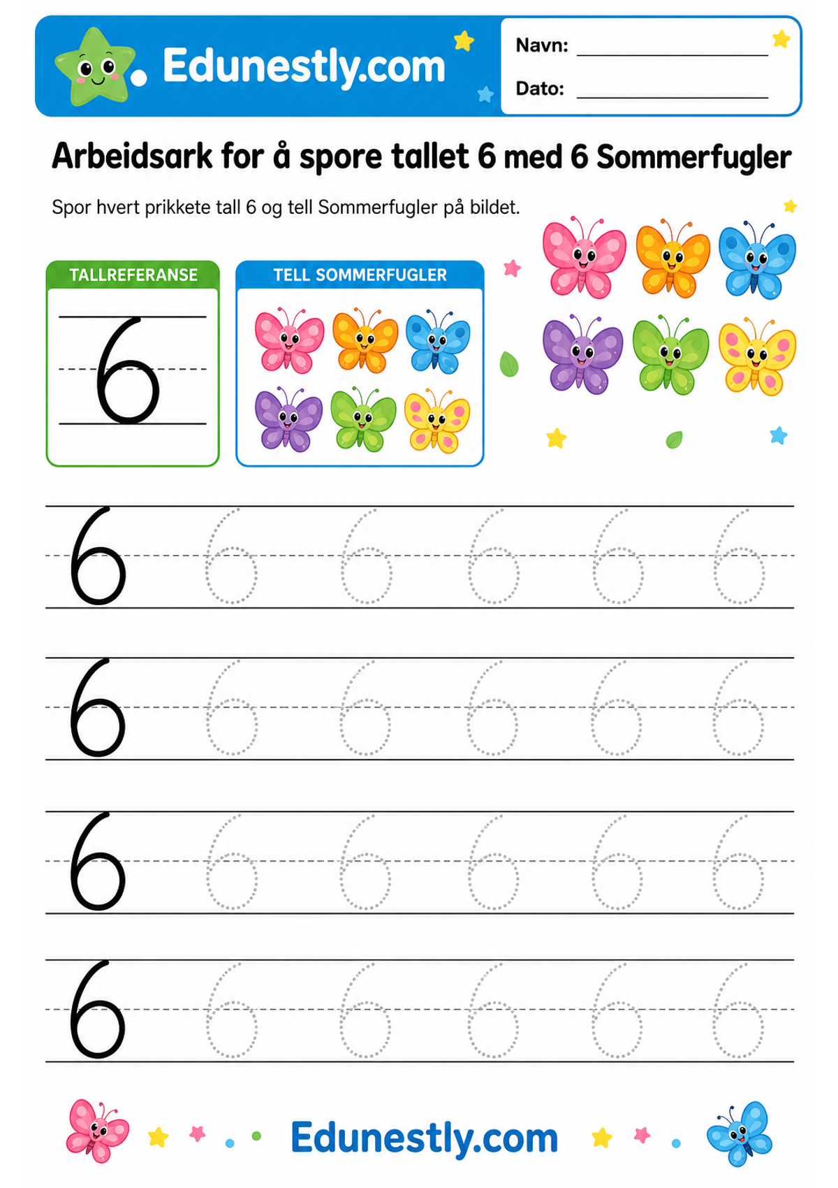 Arbeidsark for å spore tallet 6 med 6 Sommerfugler