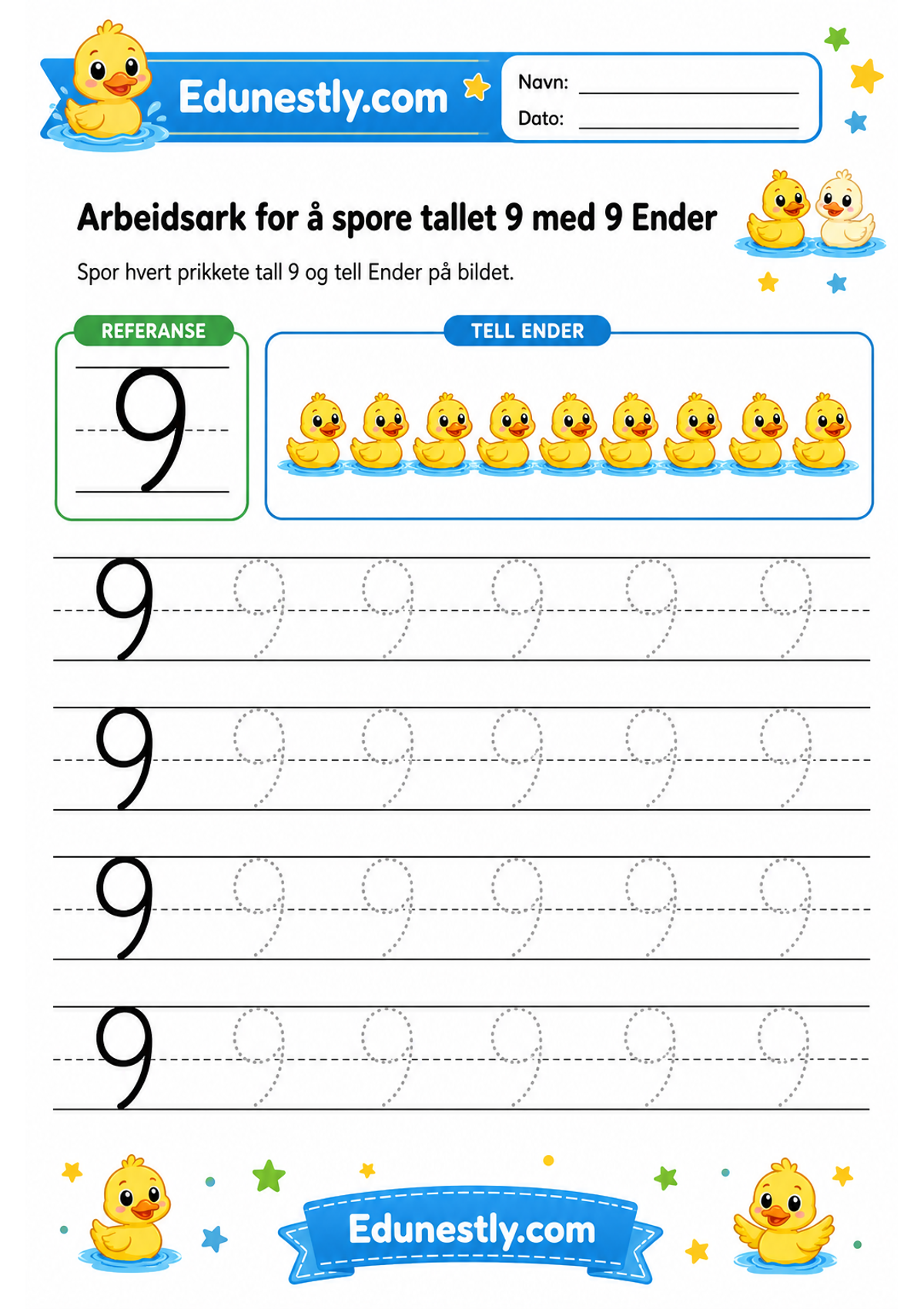 Arbeidsark for å spore tallet 9 med 9 Ender