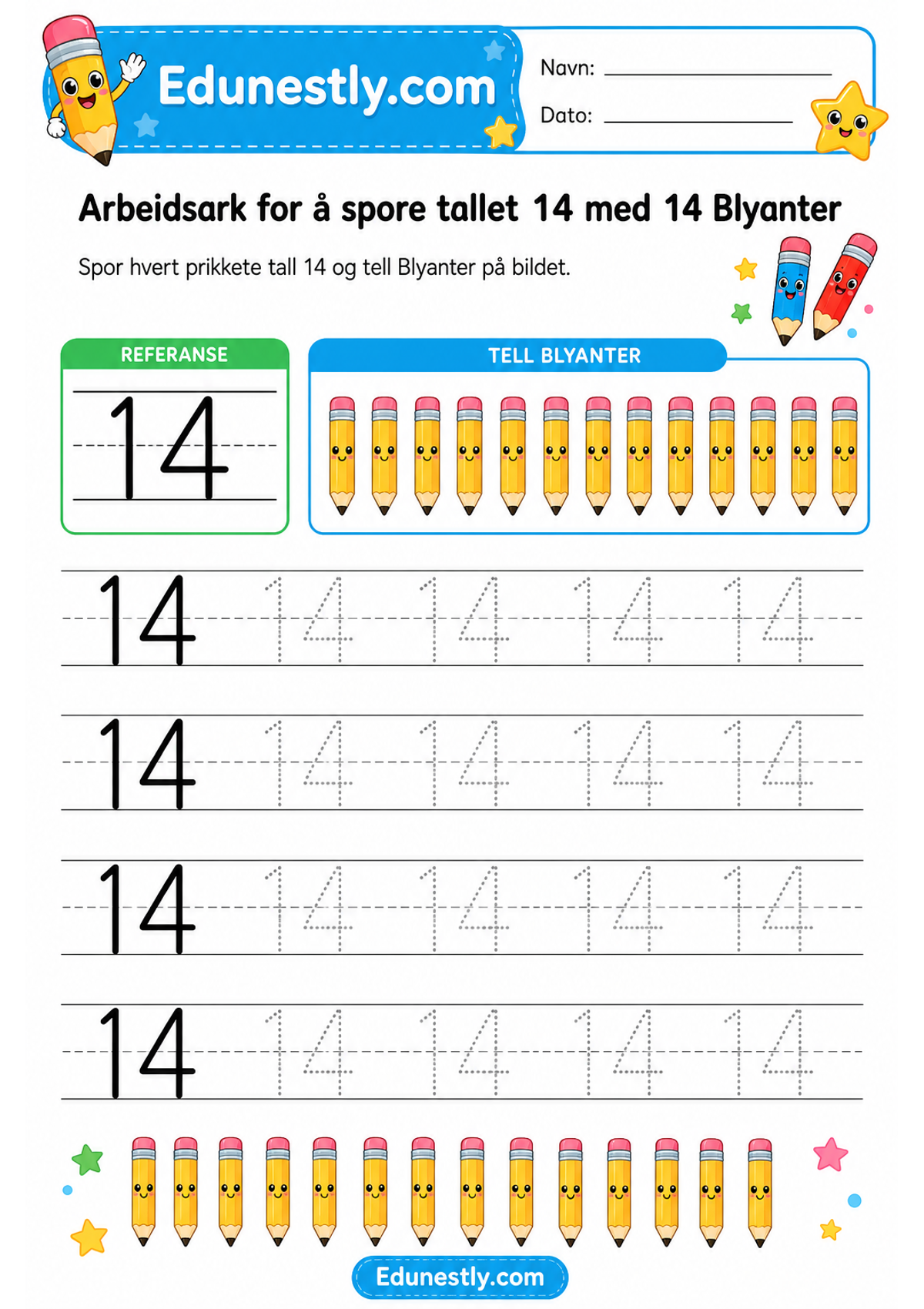 Arbeidsark for å spore tallet 14 med 14 Blyanter