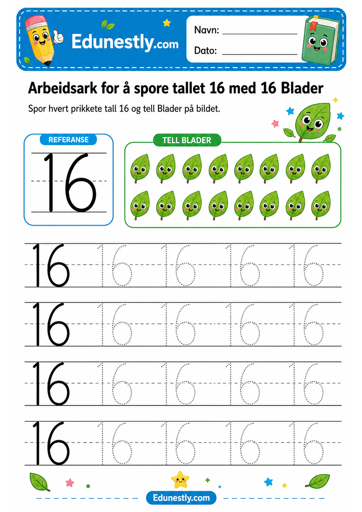 Arbeidsark for å spore tallet 16 med 16 Blader