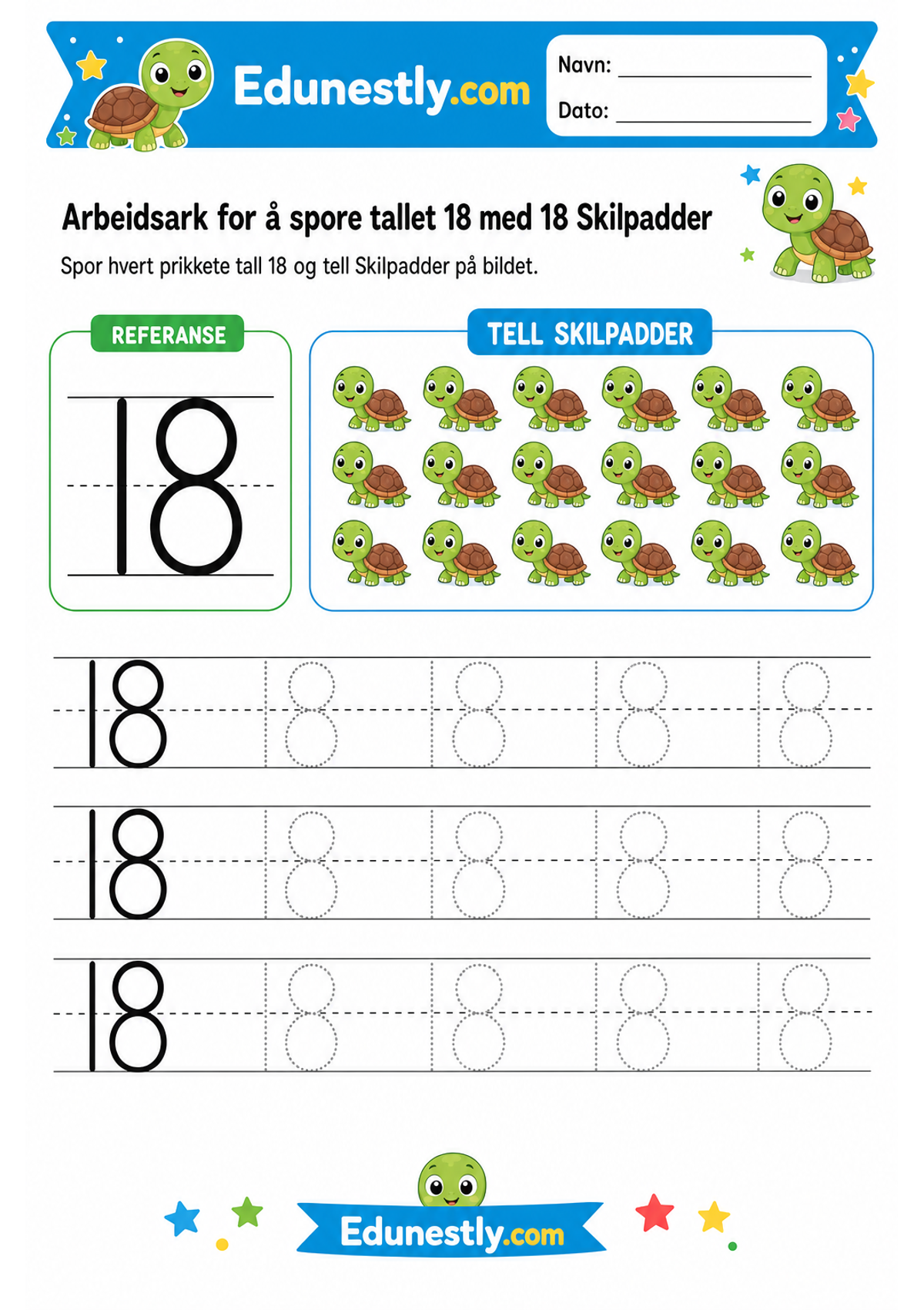 Arbeidsark for å spore tallet 18 med 18 Skilpadder