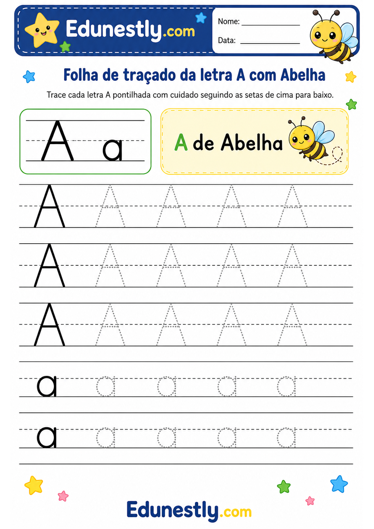 Folha de traçado da letra A com Abelha