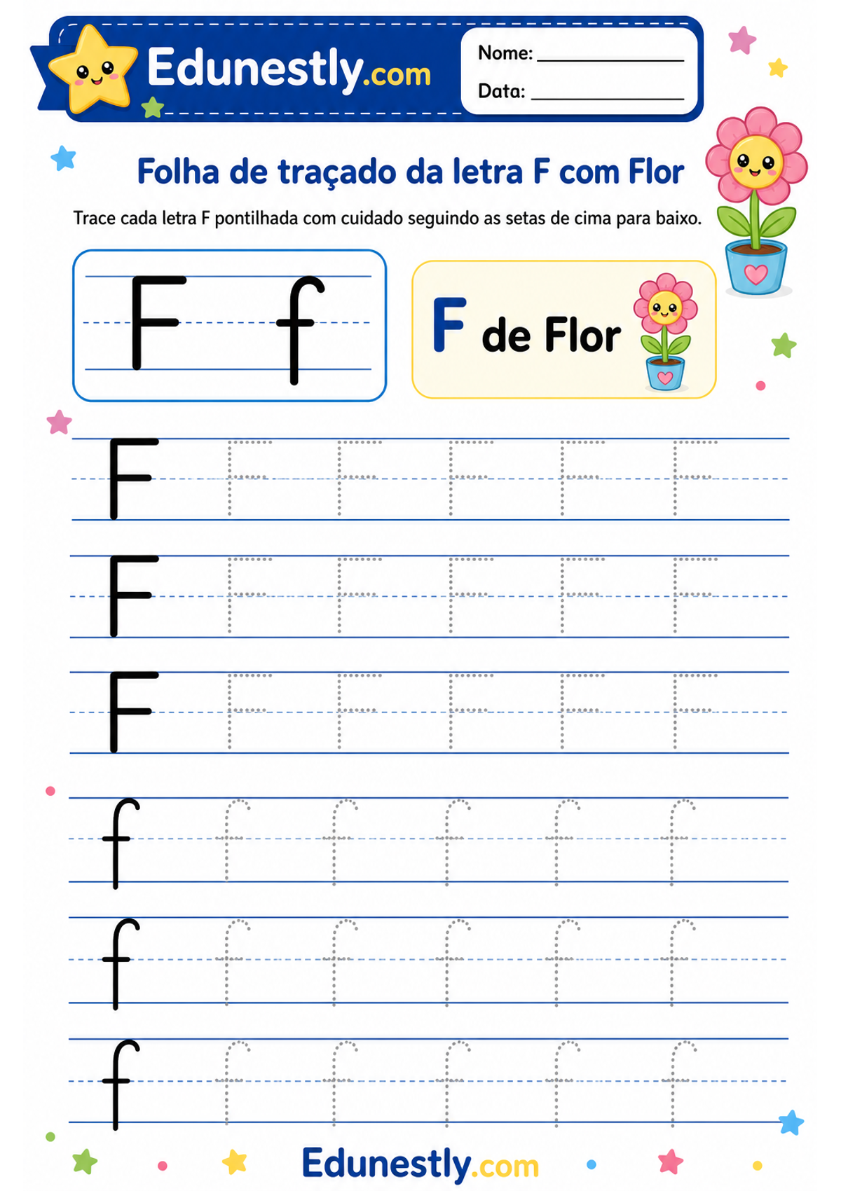 Folha de traçado da letra F com Flor
