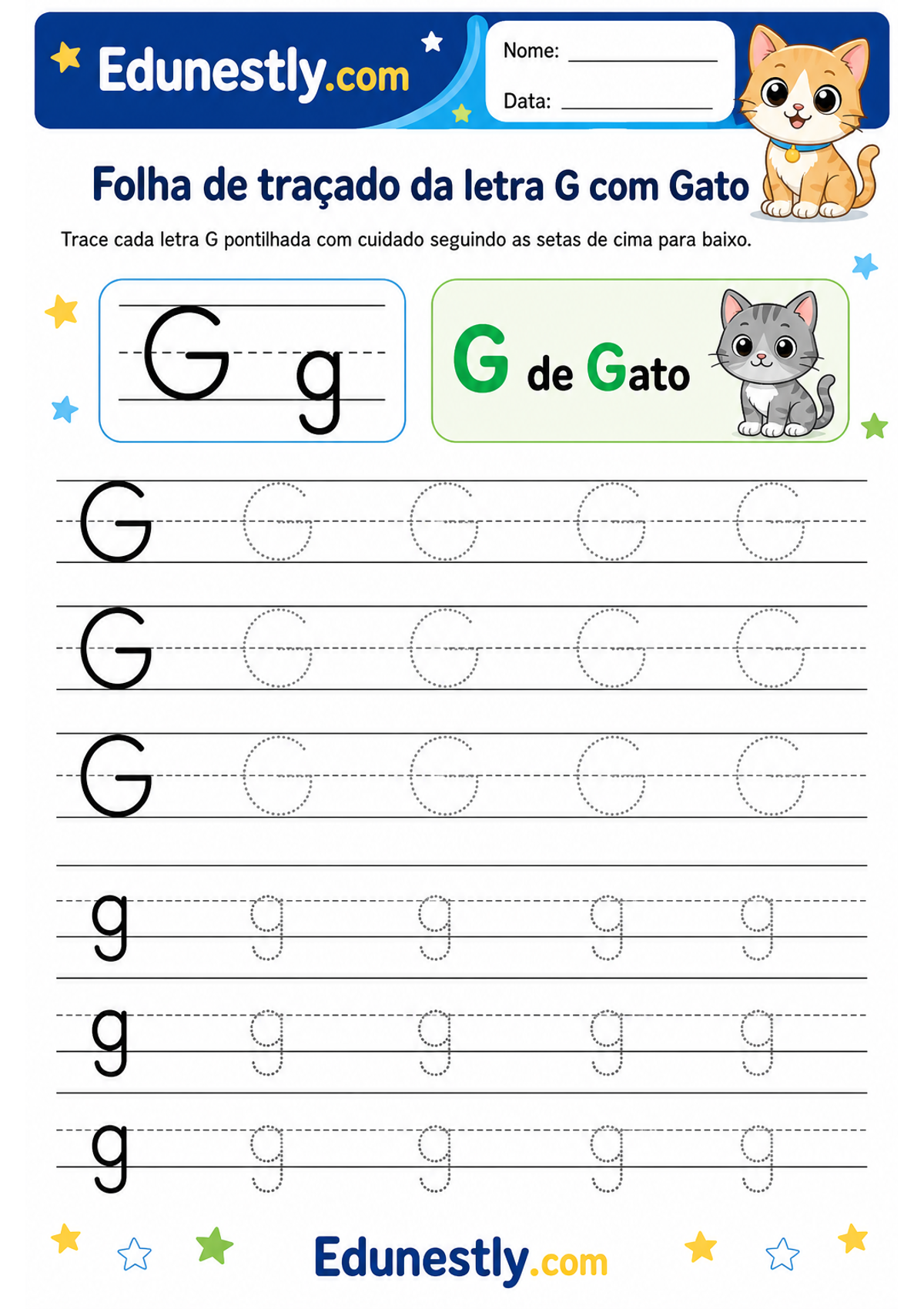 Folha de traçado da letra G com Gato