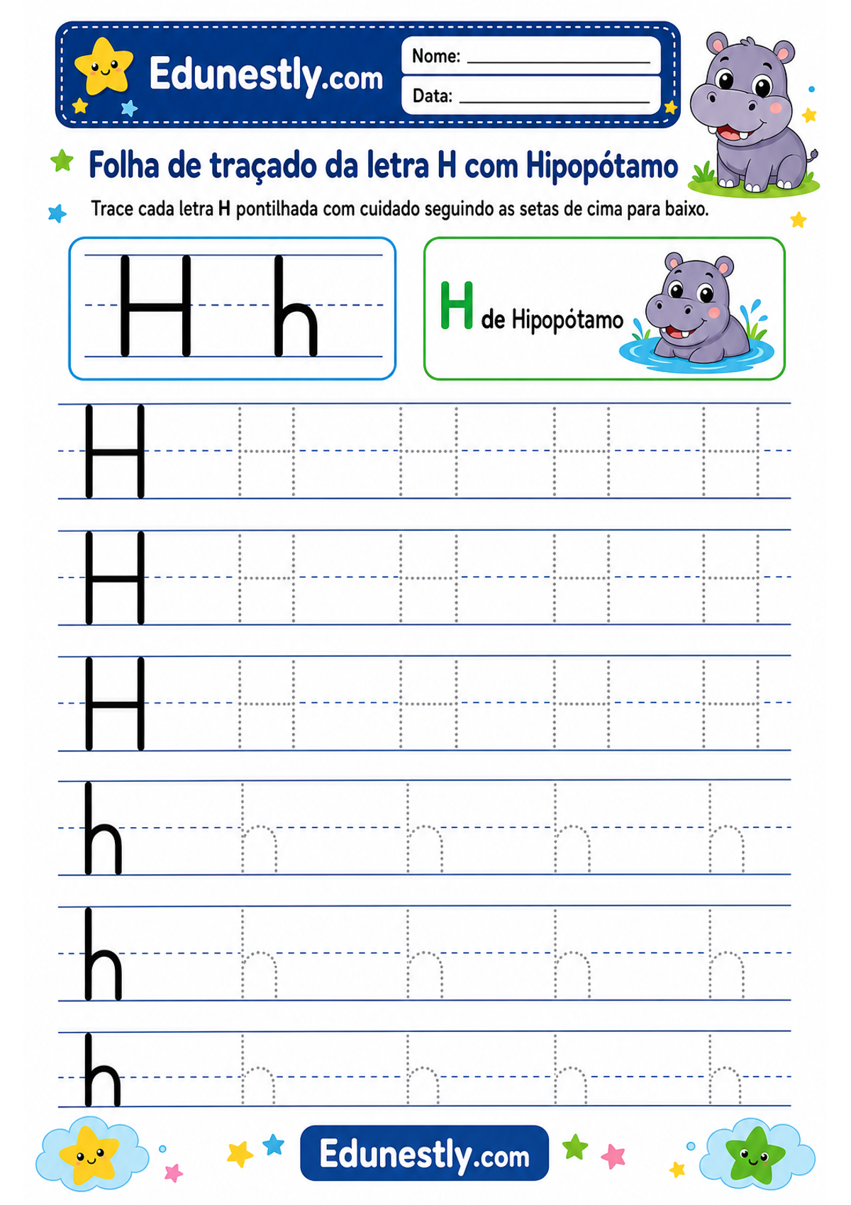 Folha de traçado da letra H com Hipopótamo