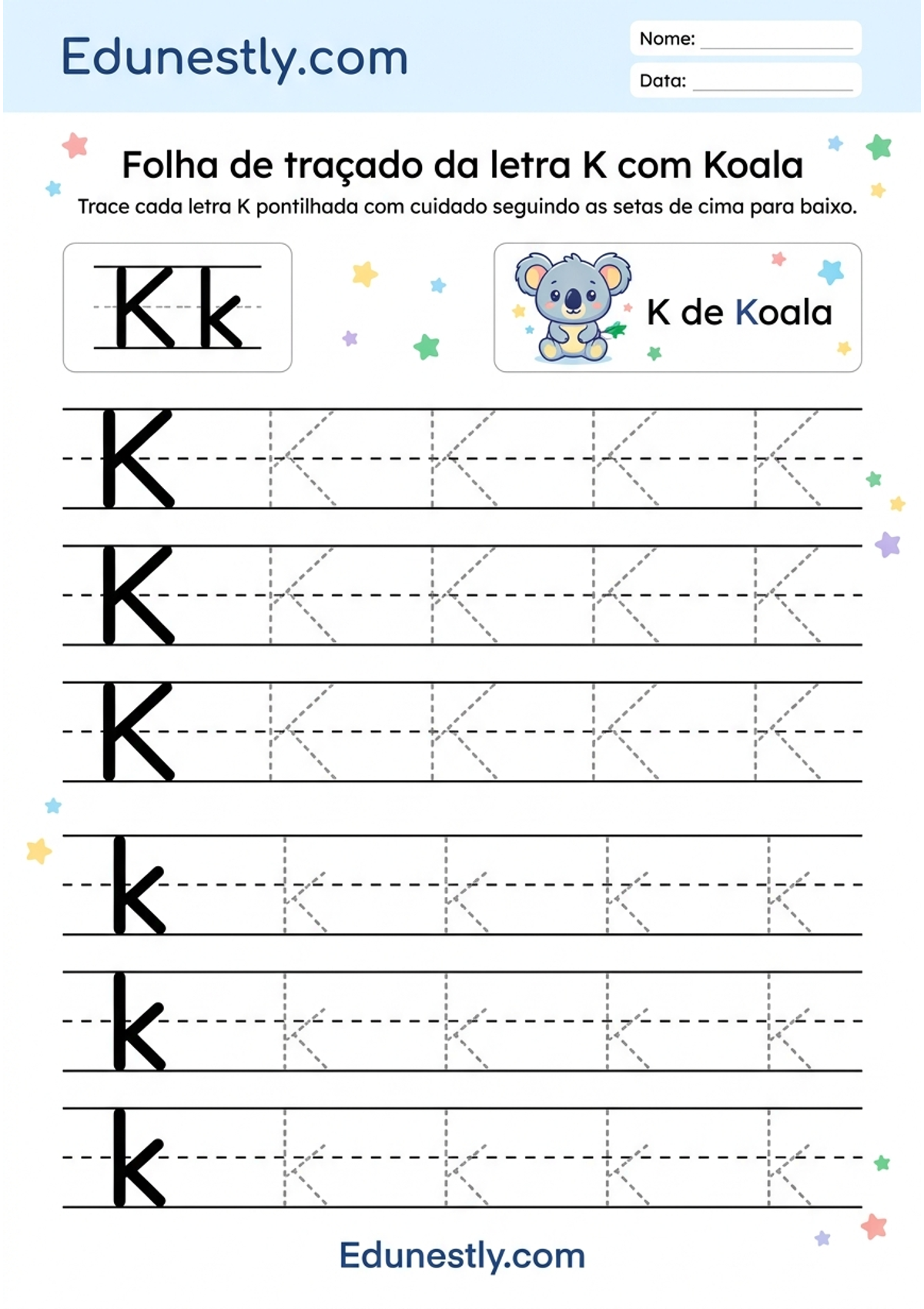 Folha de traçado da letra K com Koala