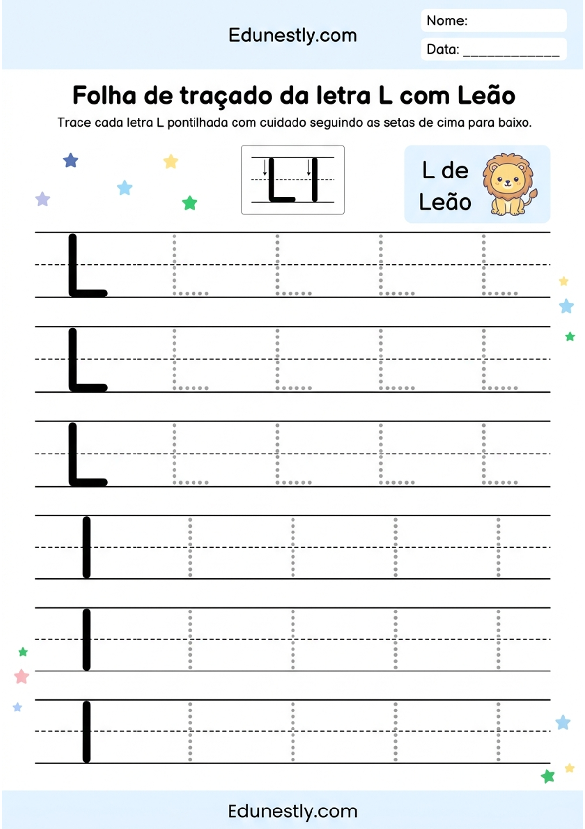 Folha de traçado da letra L com Leão