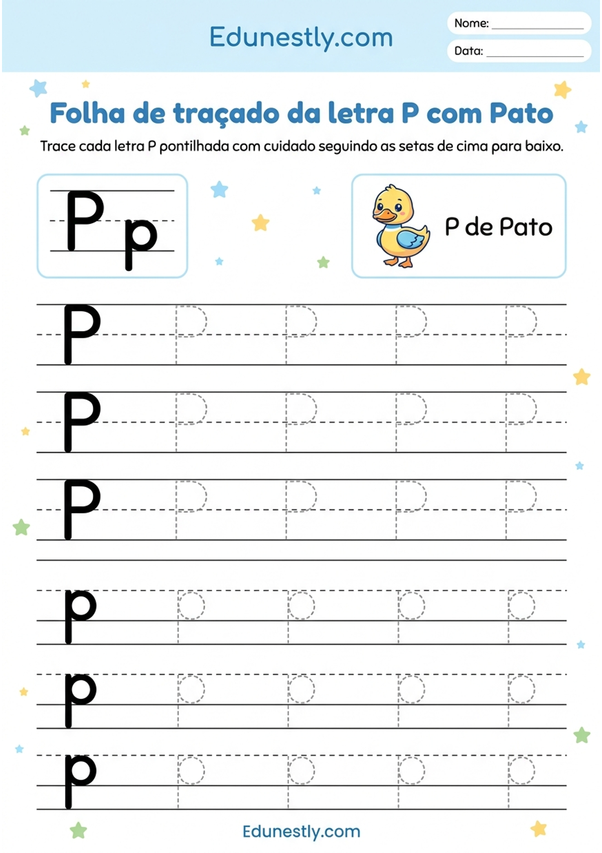 Folha de traçado da letra P com Pato