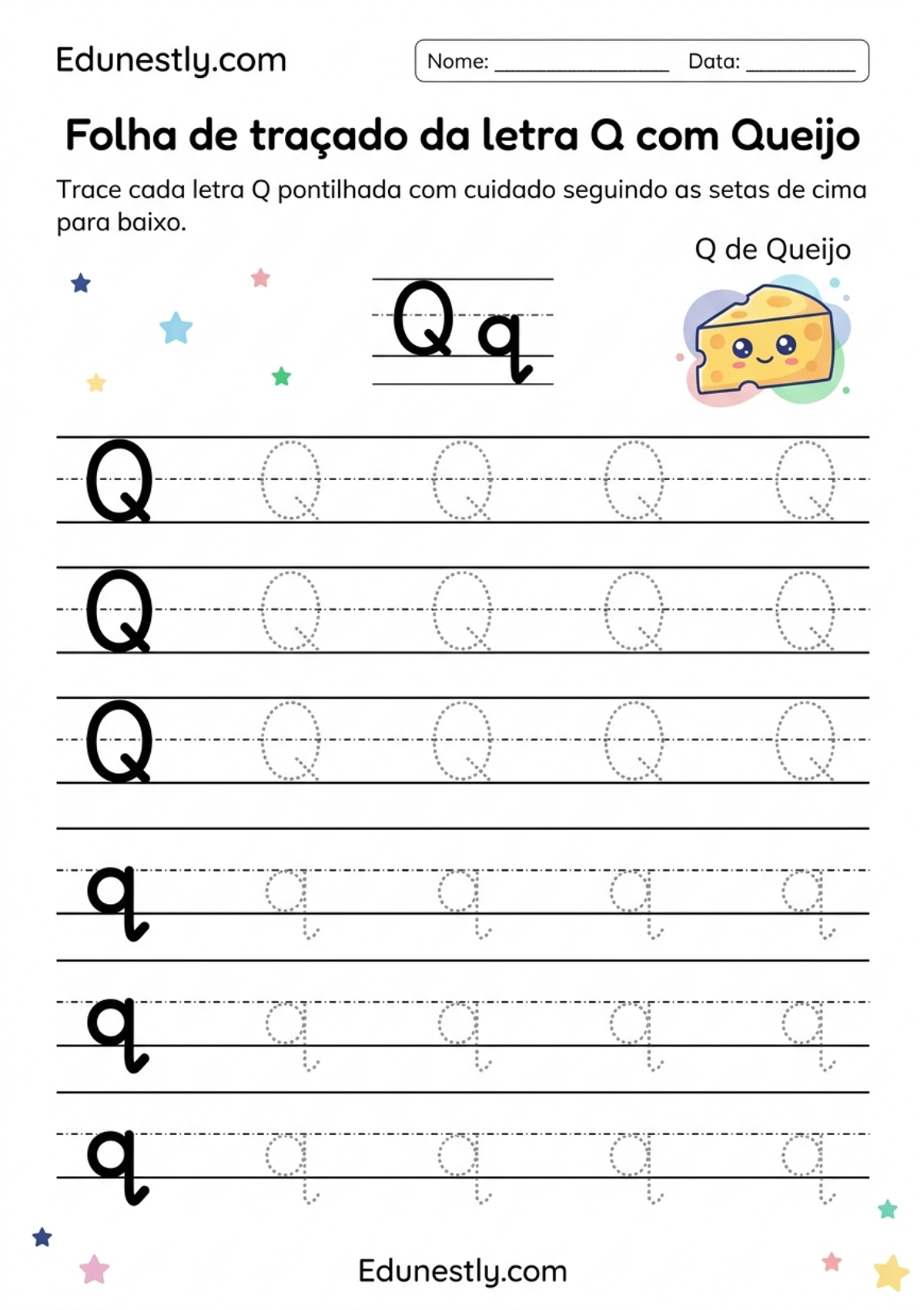 Folha de traçado da letra Q com Queijo