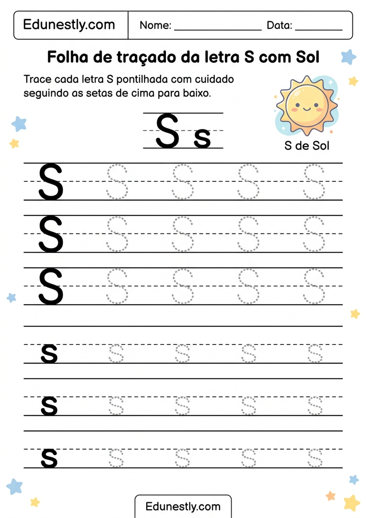 Folha de traçado da letra S com Sol