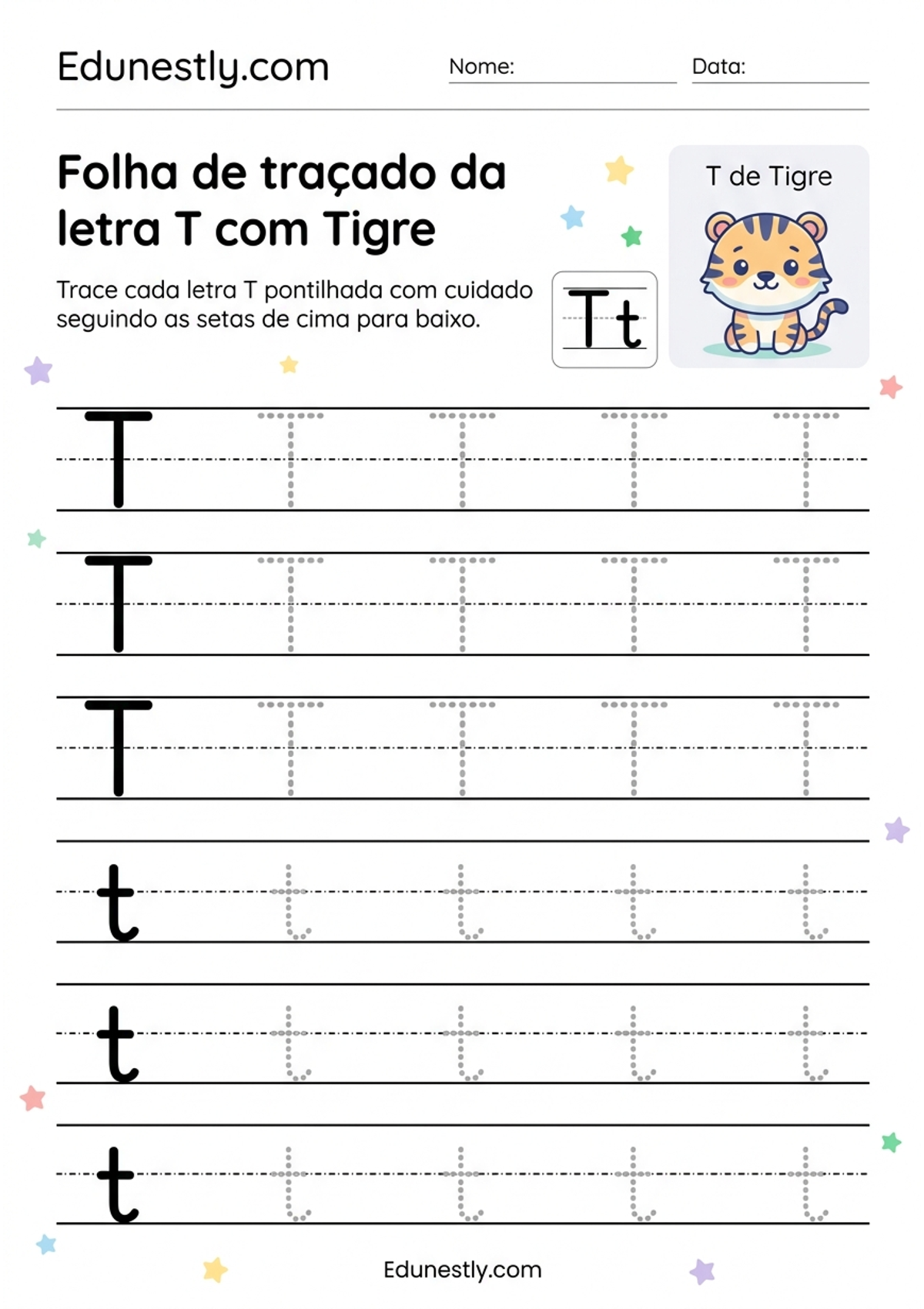 Folha de traçado da letra T com Tigre