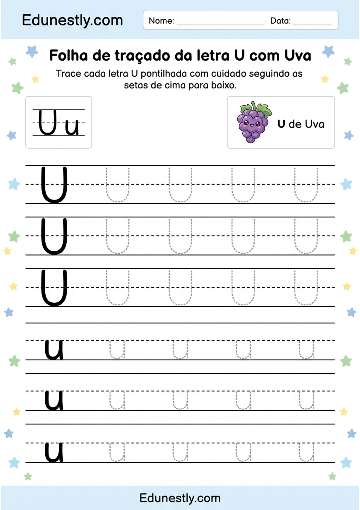 Folha de traçado da letra U com Uva