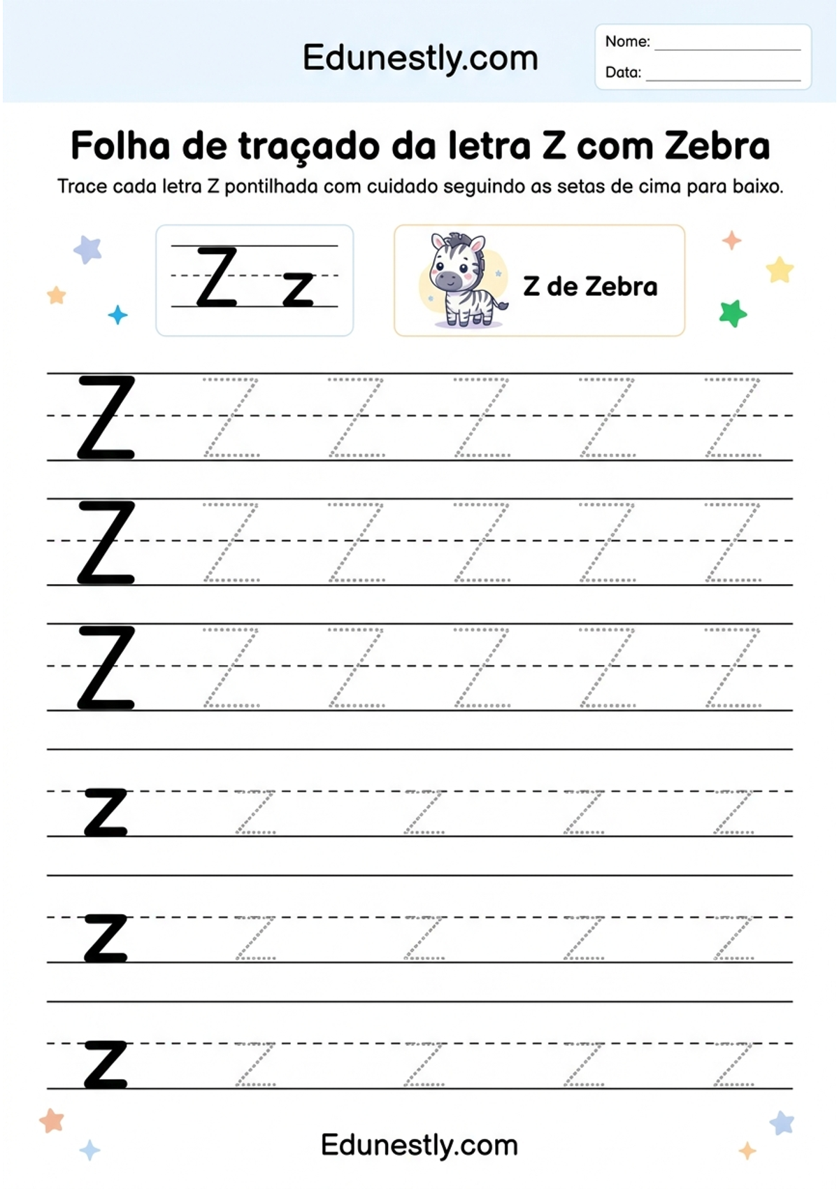 Folha de traçado da letra Z com Zebra