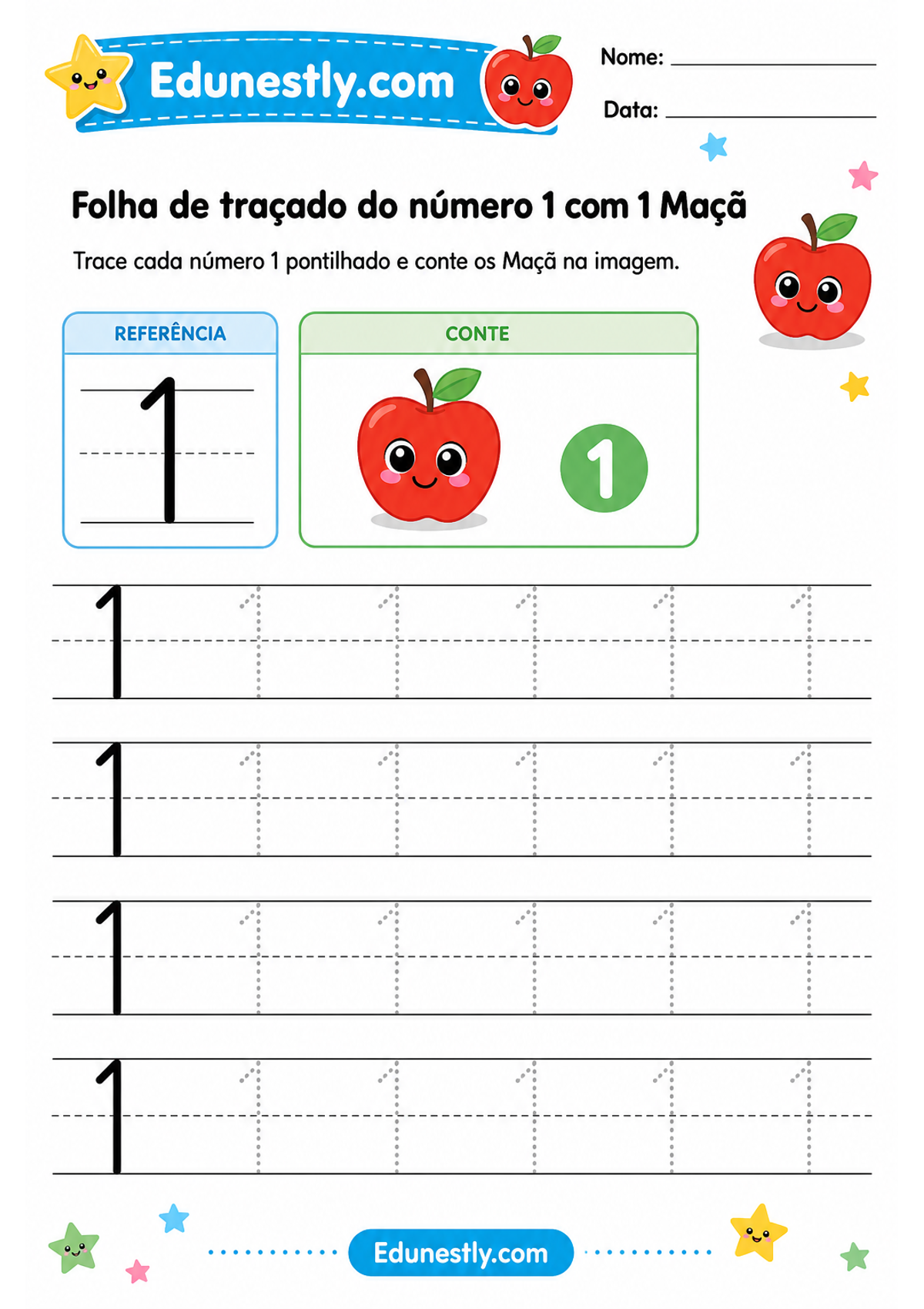 Folha de traçado do número 1 com 1 Maçã