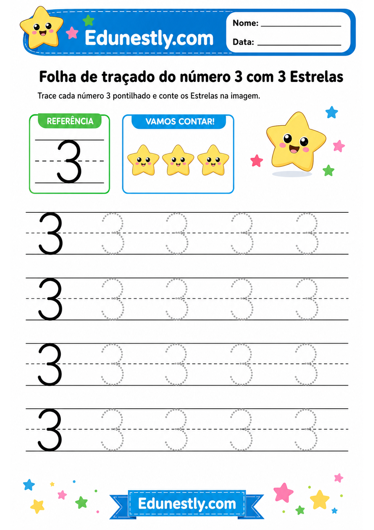 Folha de traçado do número 3 com 3 Estrelas