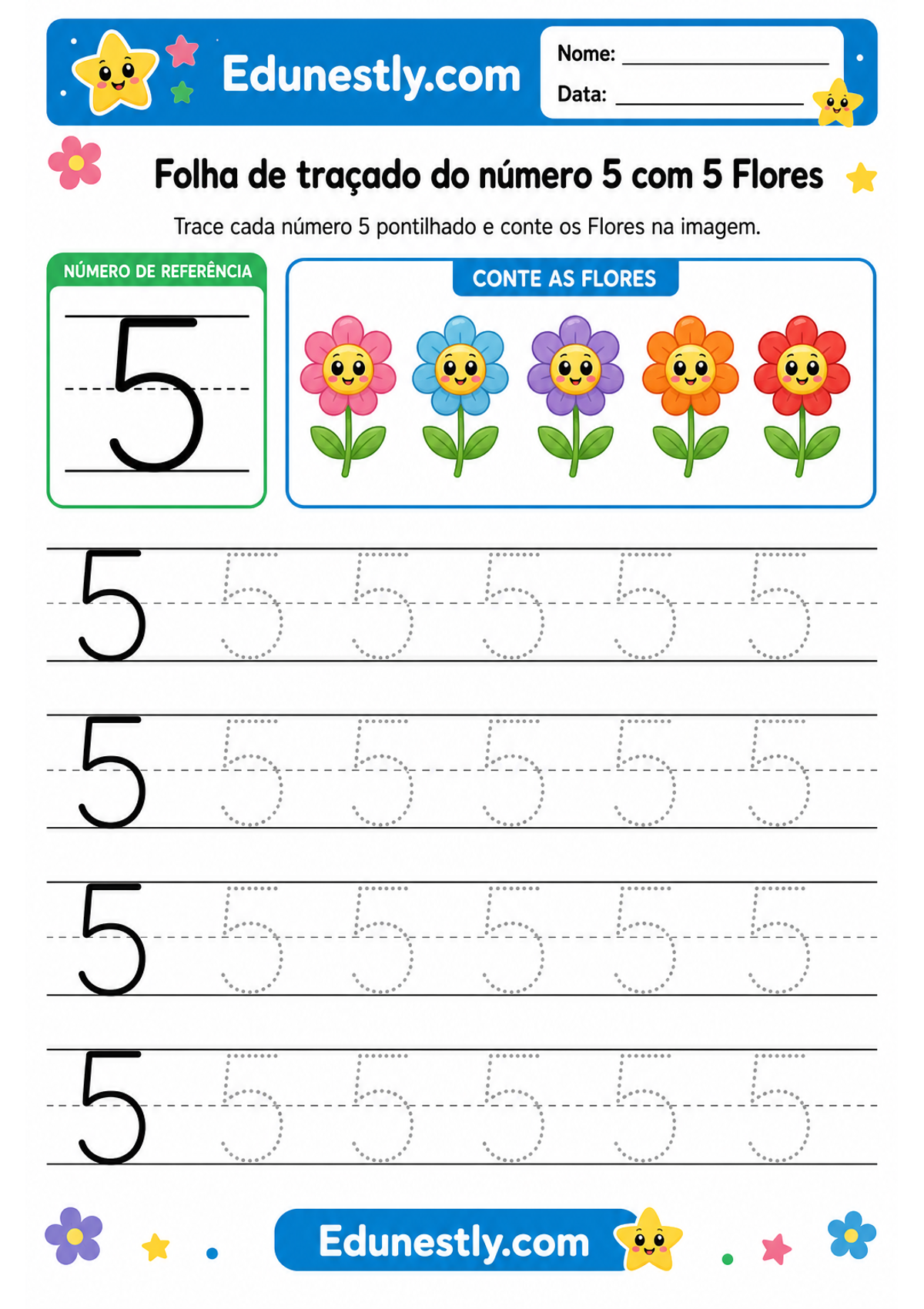 Folha de traçado do número 5 com 5 Flores