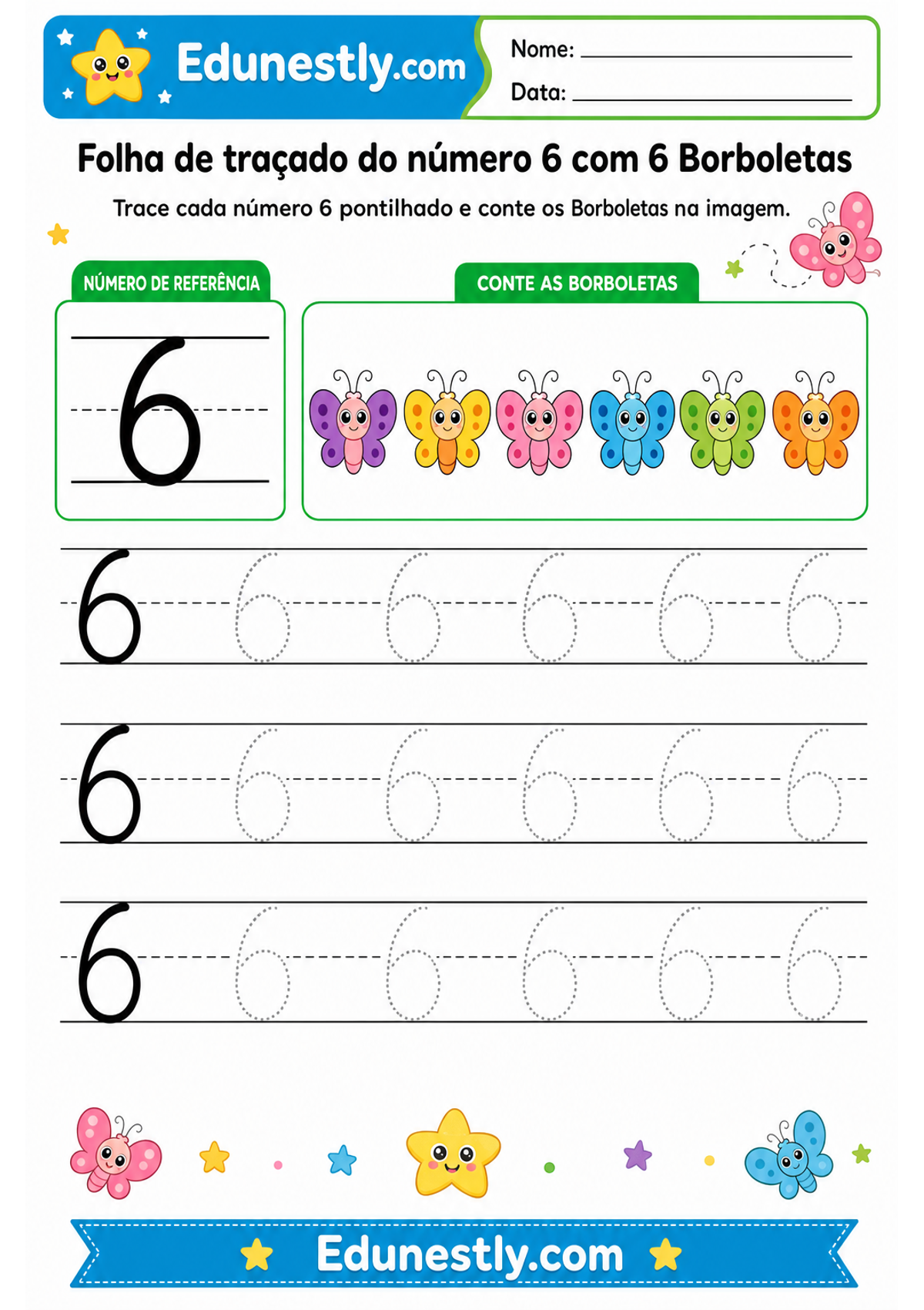Folha de traçado do número 6 com 6 Borboletas