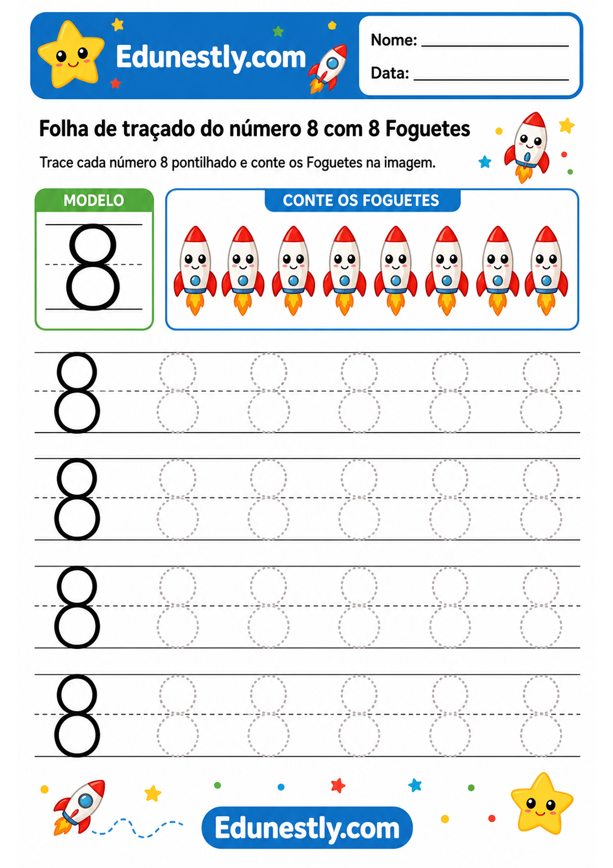 Folha de traçado do número 8 com 8 Foguetes