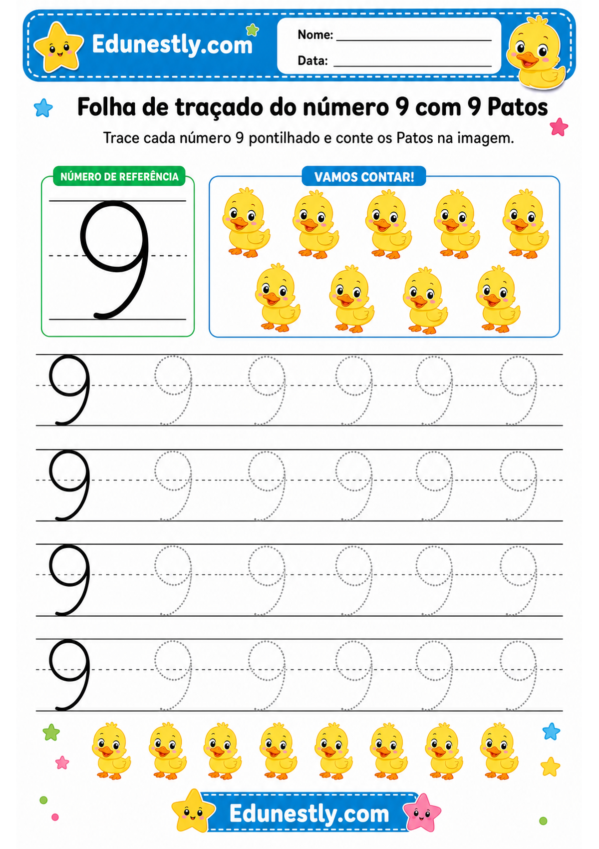 Folha de traçado do número 9 com 9 Patos