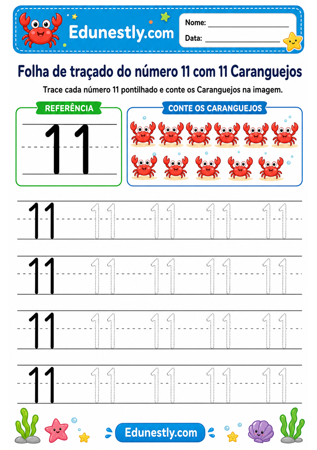 Folha de traçado do número 11 com 11 Caranguejos