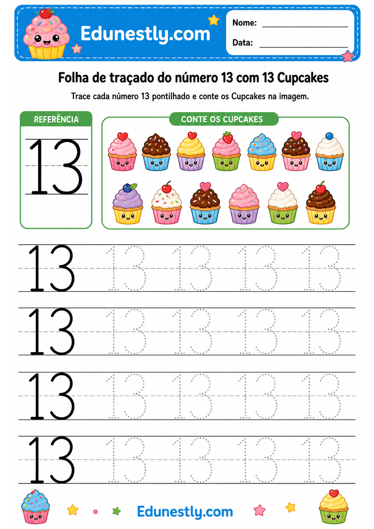 Folha de traçado do número 13 com 13 Cupcakes