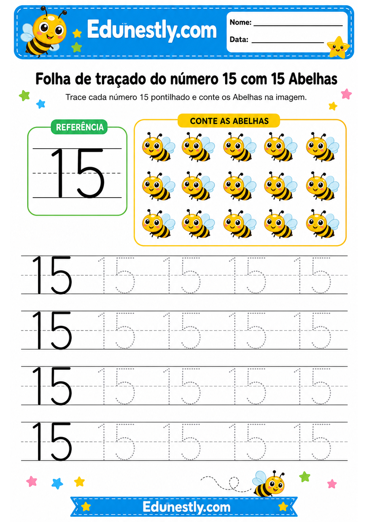 Folha de traçado do número 15 com 15 Abelhas