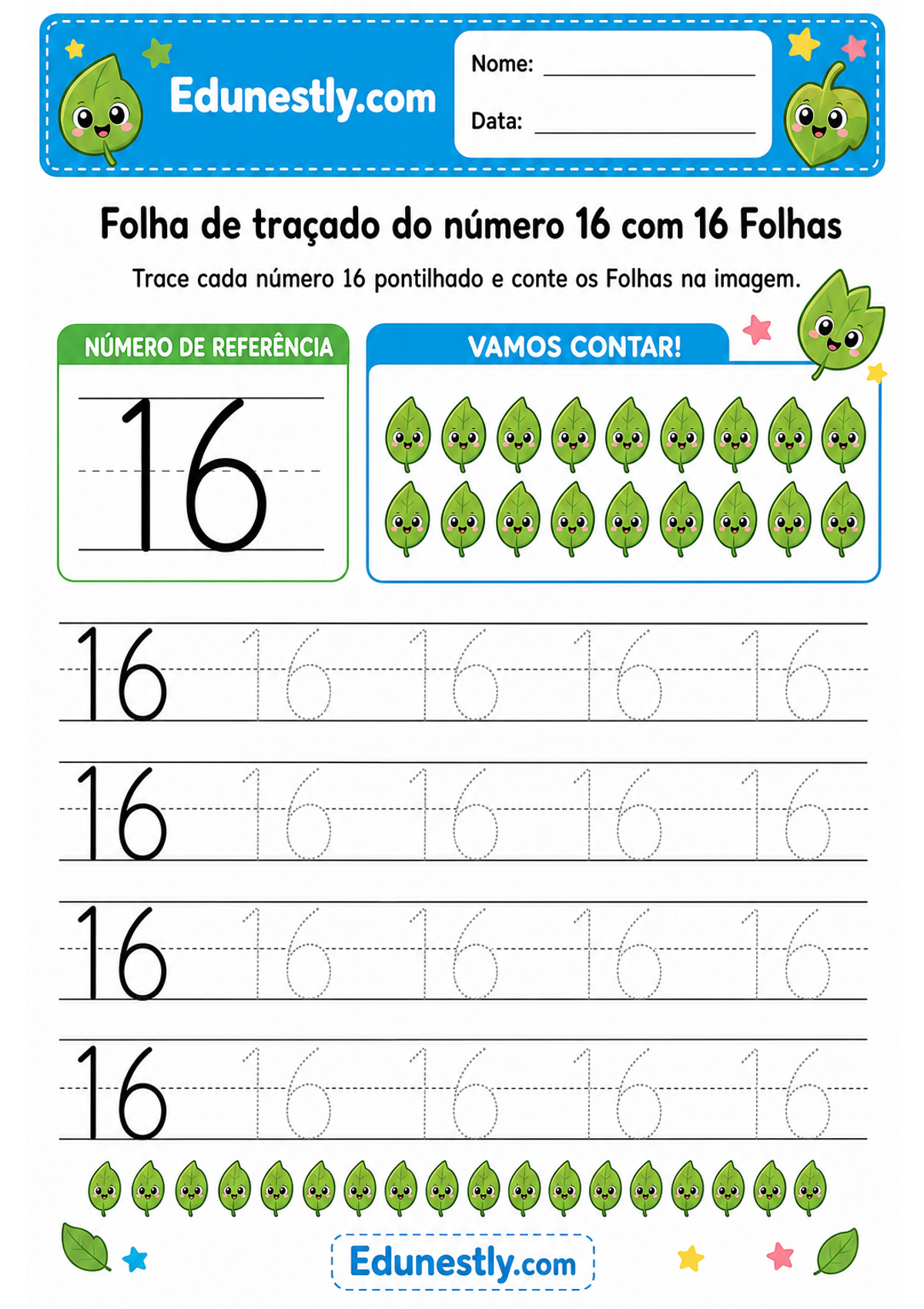Folha de traçado do número 16 com 16 Folhas