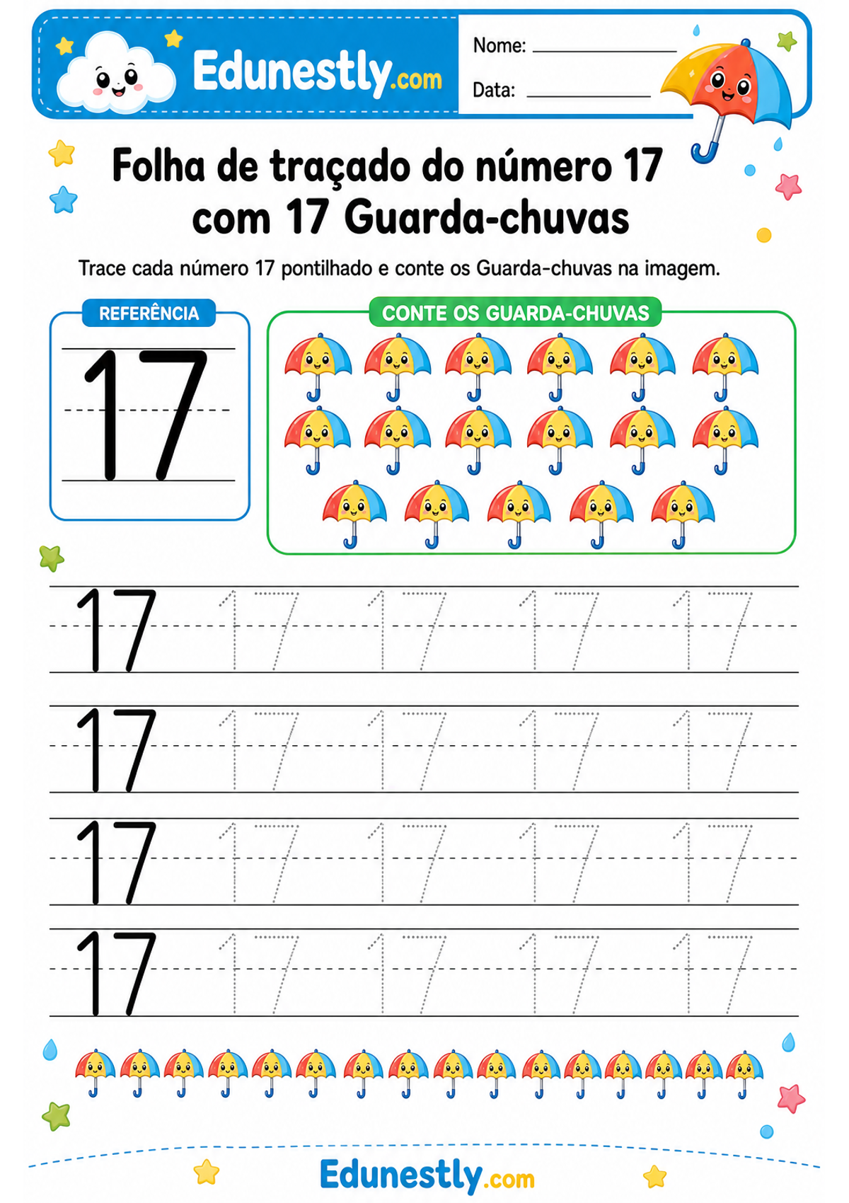 Folha de traçado do número 17 com 17 Guarda-chuvas